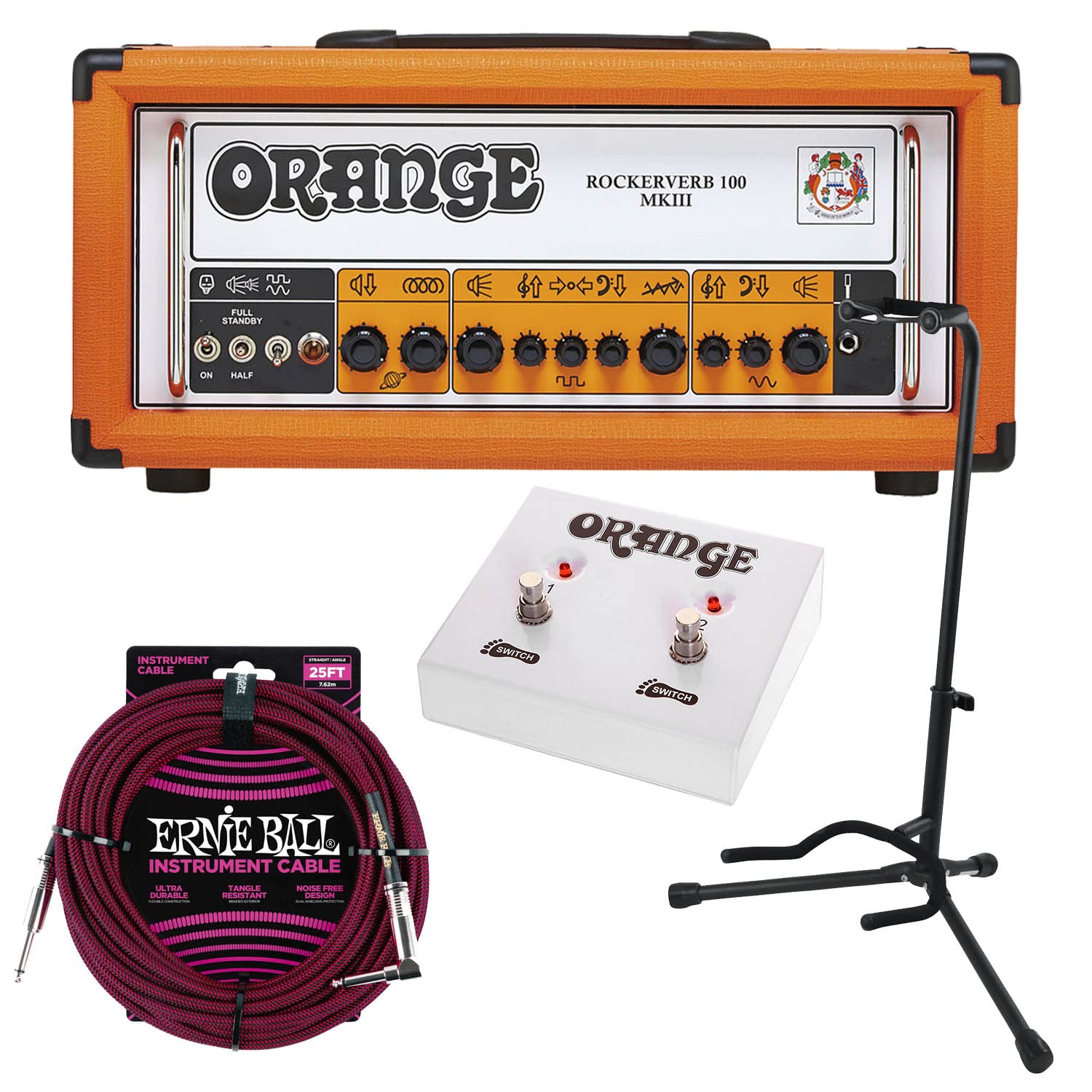 Orange Rockerverb 100 MKIII 2-Channel Tube Guitar Amplifier, Orange FS-2, (2) EBall PO6062, Gator Stand Bundle