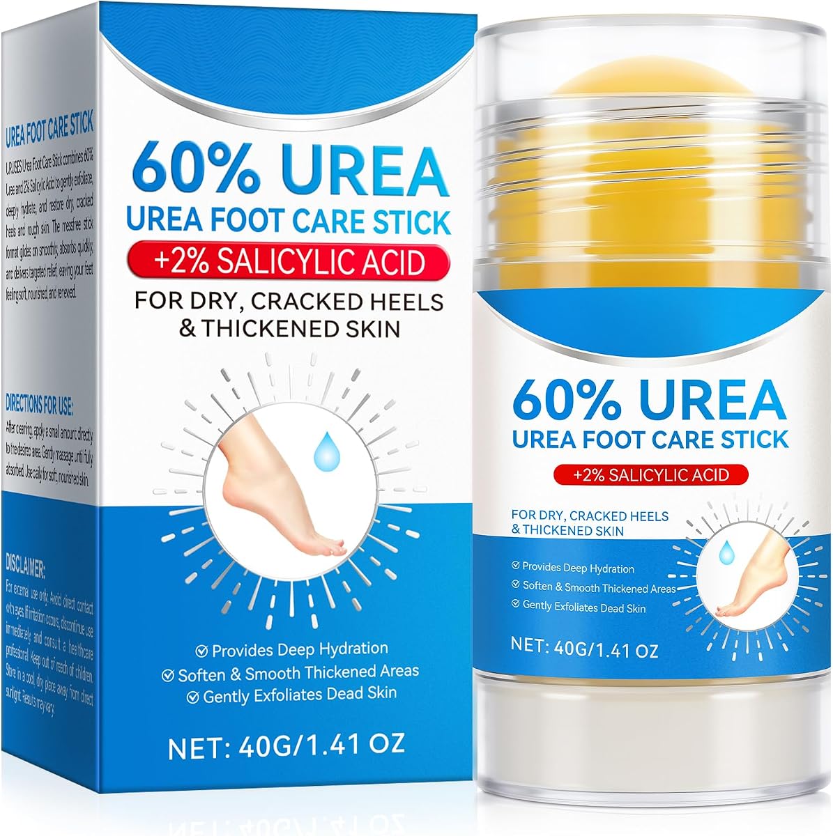 Crema para pies de urea, 60% crema de urea con 2% de ácido salicílico para el cuidado de los pies, hidratante para talones secos y agrietados, rodillas, manos, hidrata e hidrata la piel seca, removedor de callos y suavizante de piel, 1.41 oz