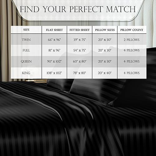 Miniatura 8 de DECOLURE Juego de sábanas de satén a rayas tamaño Queen de 6 piezas, lujosas sábanas de tacto de seda Queen  Sábanas de satén suaves de satén tamaño