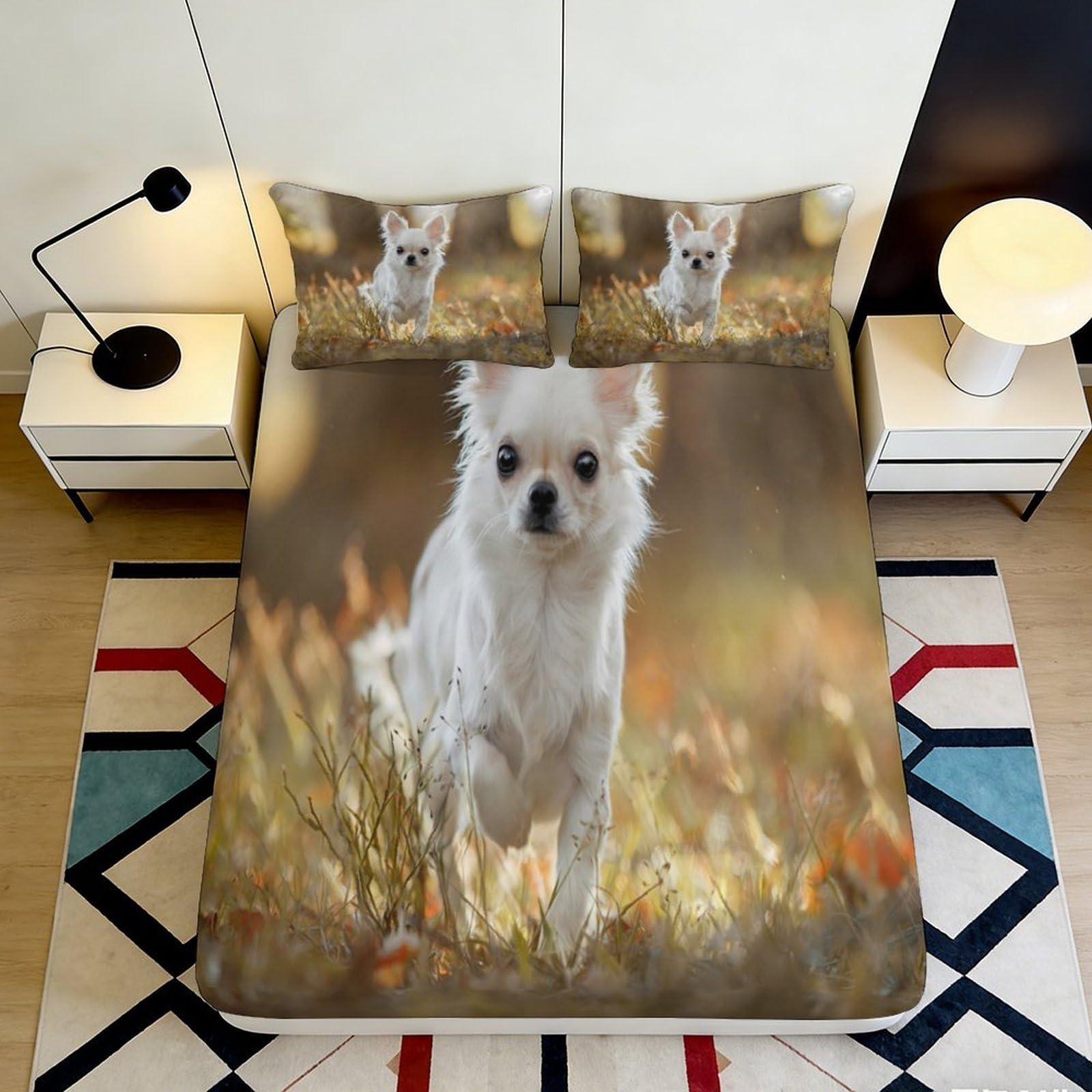3D Printed Chihuahua Dog Fitted Sheet Microfiber Soft Animal Pattern Mattress Cover for Bedroom Guestroom Easy Care Decor 90x200x25cm