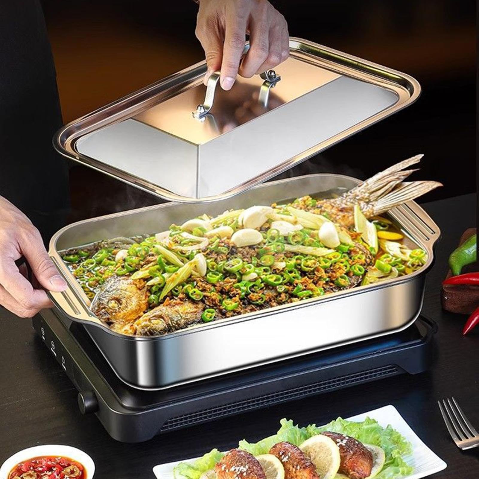 Bakeware - Teglia da forno rettangolare in acciaio, 46,5 x 28,5 cm, con coperchio e manico, per arrostire, preparare i pasti, feste, uso cucina