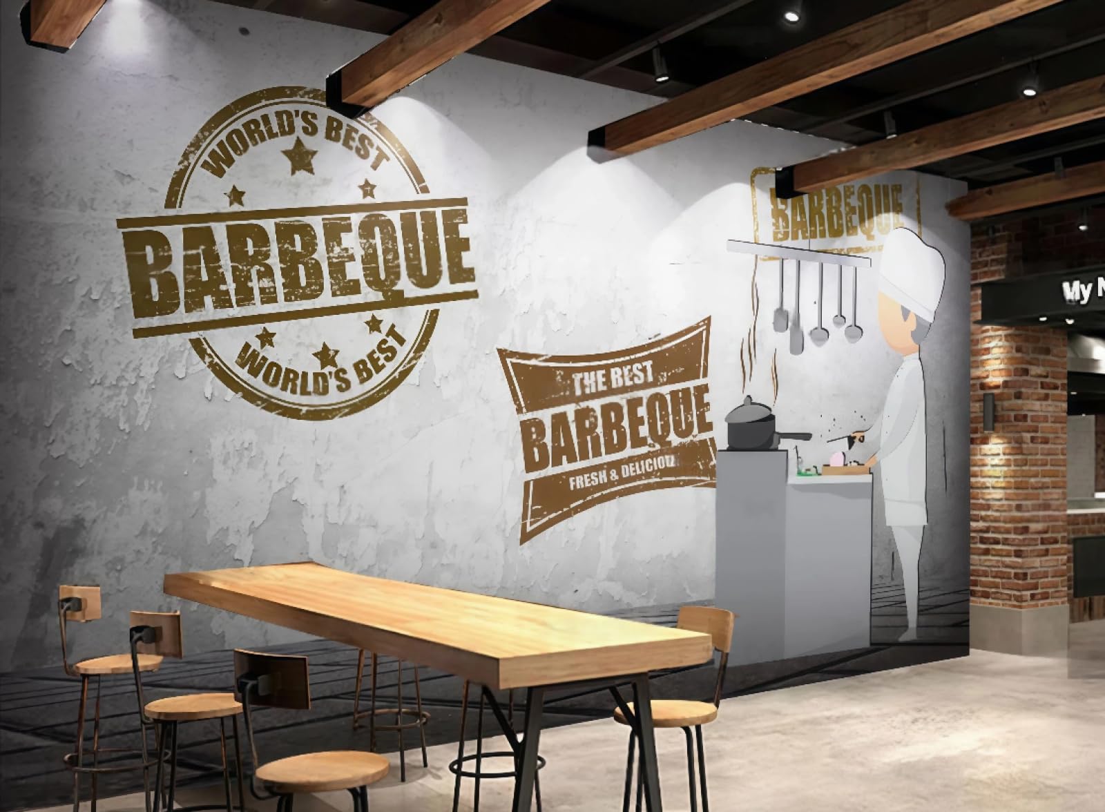 XDOUBAO Wallpaper Nostalgic Retro Noodle Shop BBQ Fast Food Restaurant Drinks Afternoon Tea Western Restaurant Background Wallpaper Coffee Shop Mural,3D,300x210cm