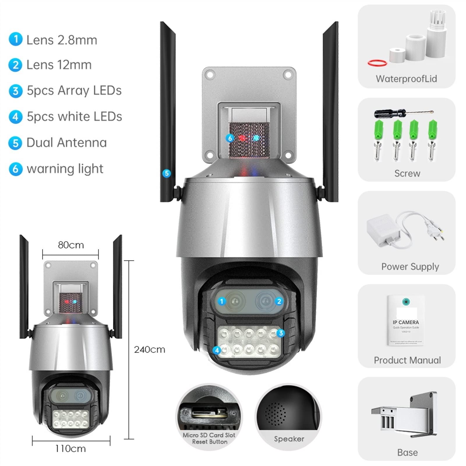 Telecamera da esterno 8MP 4K con allarme sirena antifurto Dual Lens Zoom 8X Telecamera Speed ​​Dome PTZ Ai Auto Tracking Telecamera IP CCTV per la sicurezza domestica(4MP Add 128G Card)