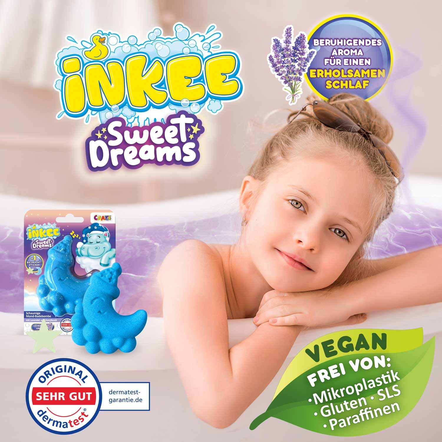 INKEE Foamy Moon Sweet Dream – spieniona kula do kąpieli w kształcie księżyca 60 g, kula kąpielowa dla dzieci z niespodzianką, z zapachem lawendy i olejkiem rumiankowym, fioletowa i niebieska