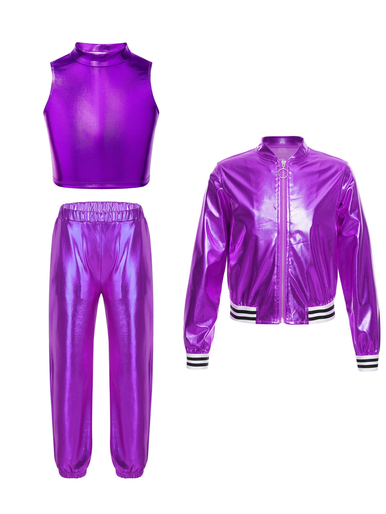 Dziewczęcy Wetlook Hip Hop zestaw odzieży z długim rękawem, metaliczny płaszcz treningowy z Crop Top + długie spodnie, zestaw sportowy, odzież do tańca, na konkurs