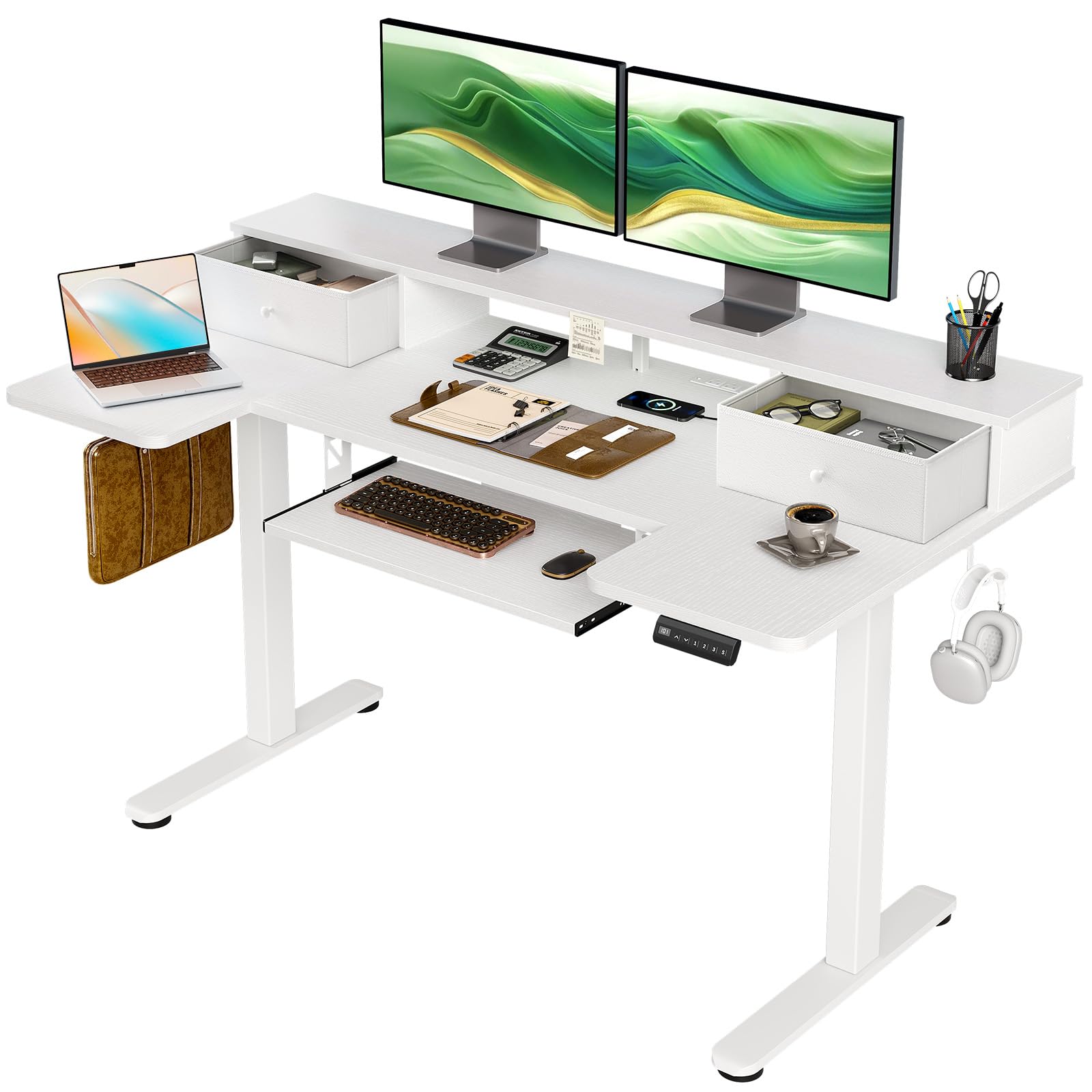 OffiGo 55 Inch U Shape Standing Desk with Keyboard Tray &amp; Drawers, White