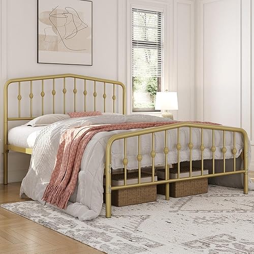 Miniatura 3 de Yaheetech Marco de cama Queen con plataforma de metal con cabecera de estilo victoriano, hierro forjado, fácil montaje, no necesita somier, cama