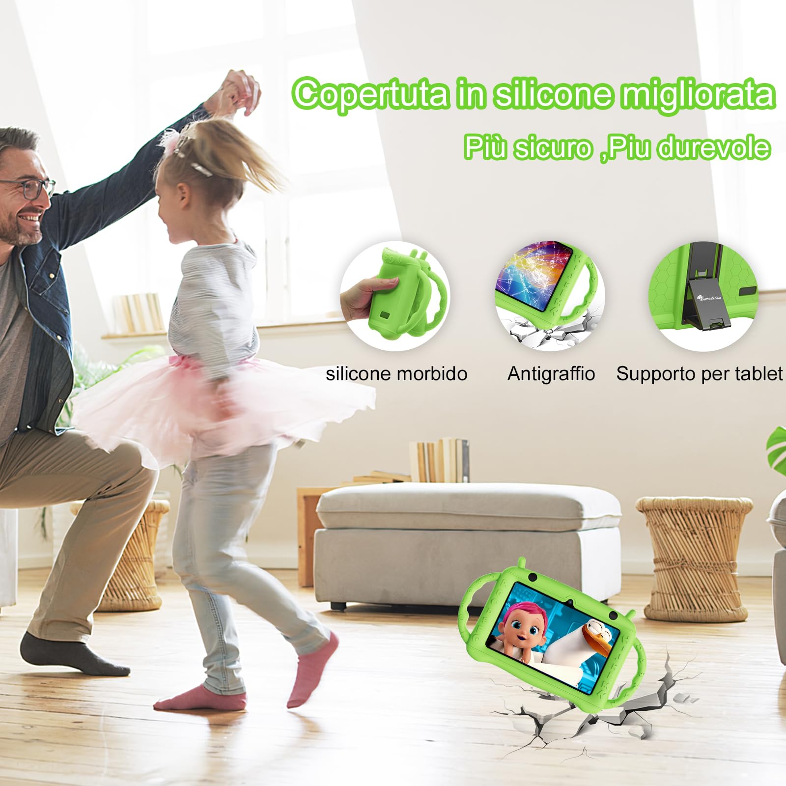 Tablet Bambini 7 pollici Android 12, 2+32 GB (128 TF), Kids Tablet con Controllo Genitori, Doppia Fotocamera, Bluetooth, WiFi, Custodia Protettiva, APP bambini, YouTube (Verde)