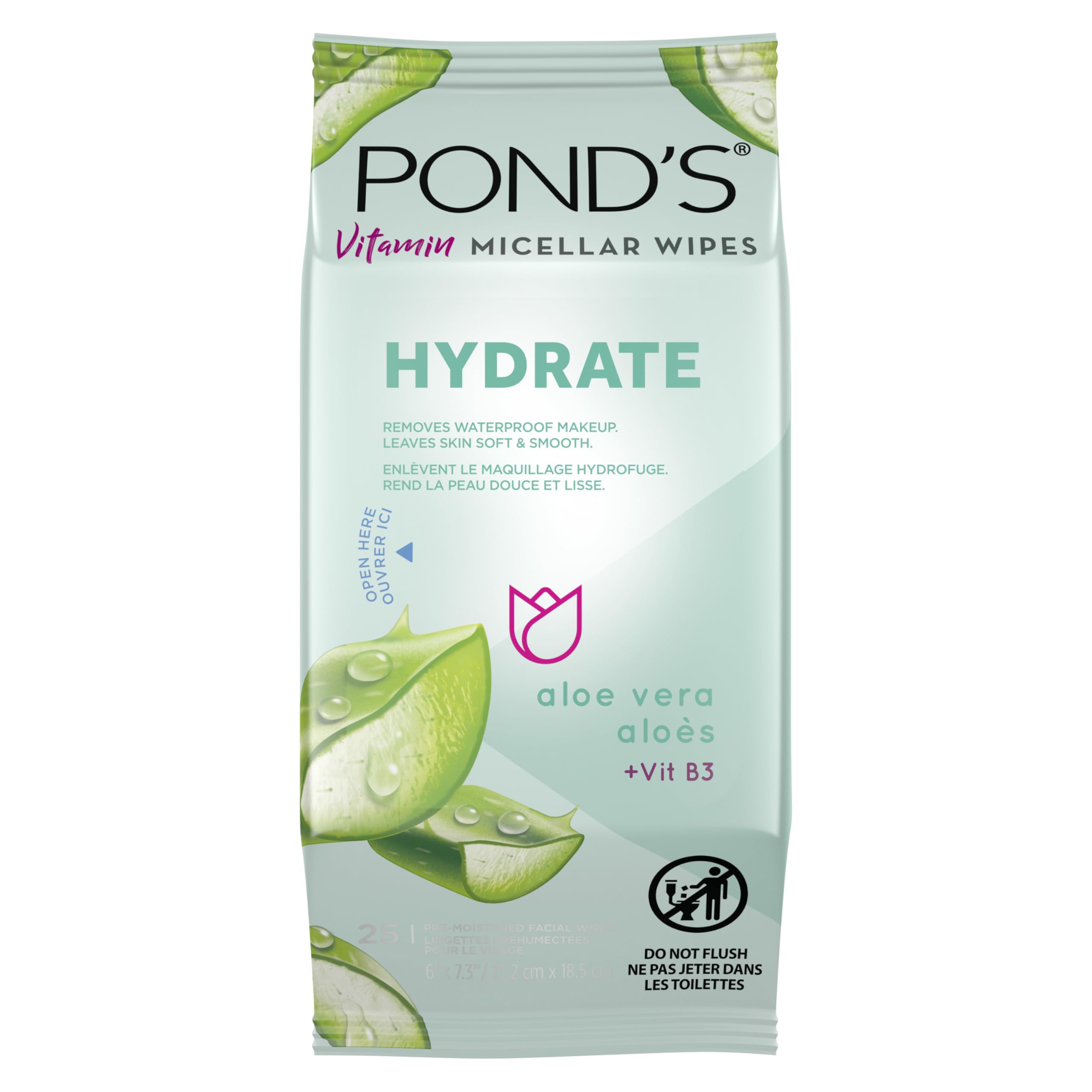 Pond's Vitamin Micellar Wipes For Dry Skin Hydrate Aloe Vera Removes Waterproof Makeup 25 Wipes
