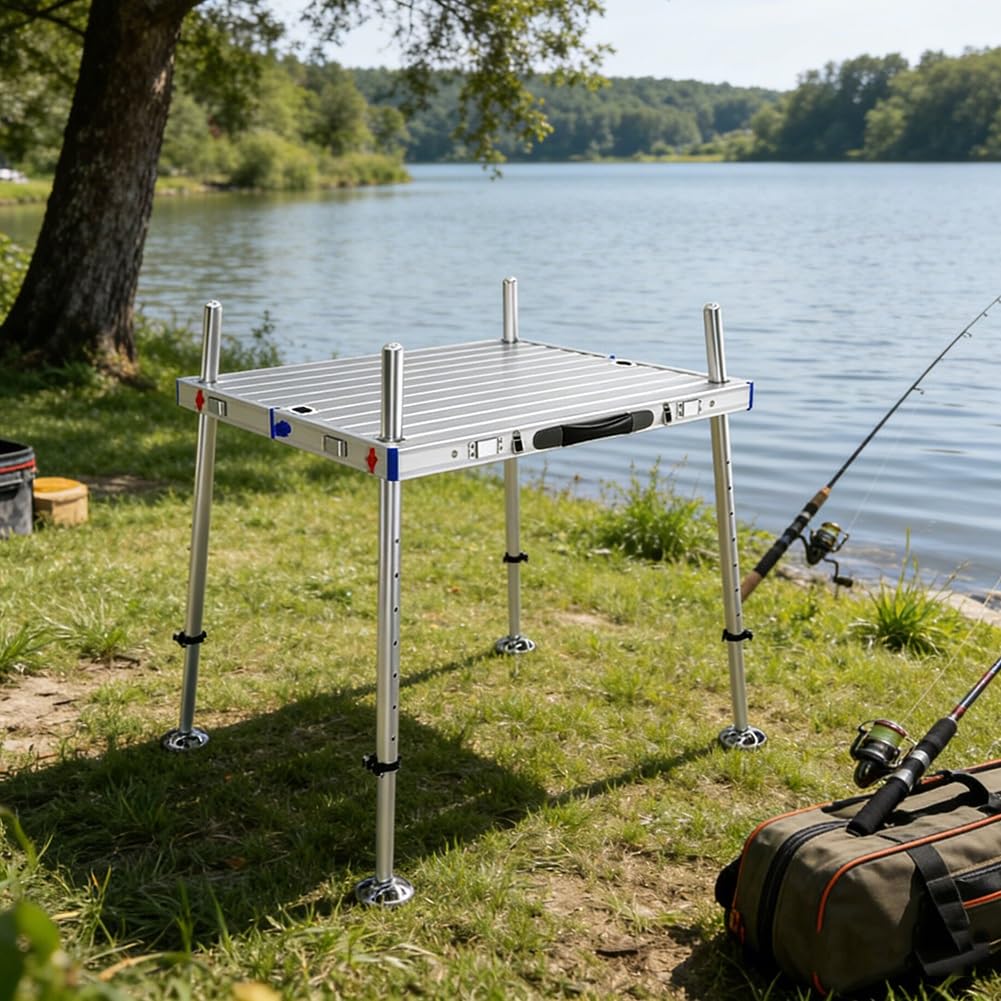 Plataforma de pesca plegable de aleación de aluminio todo terreno con altura de pierna ajustable, para pescadores, ideal para muelles de pesca en aguas profundas