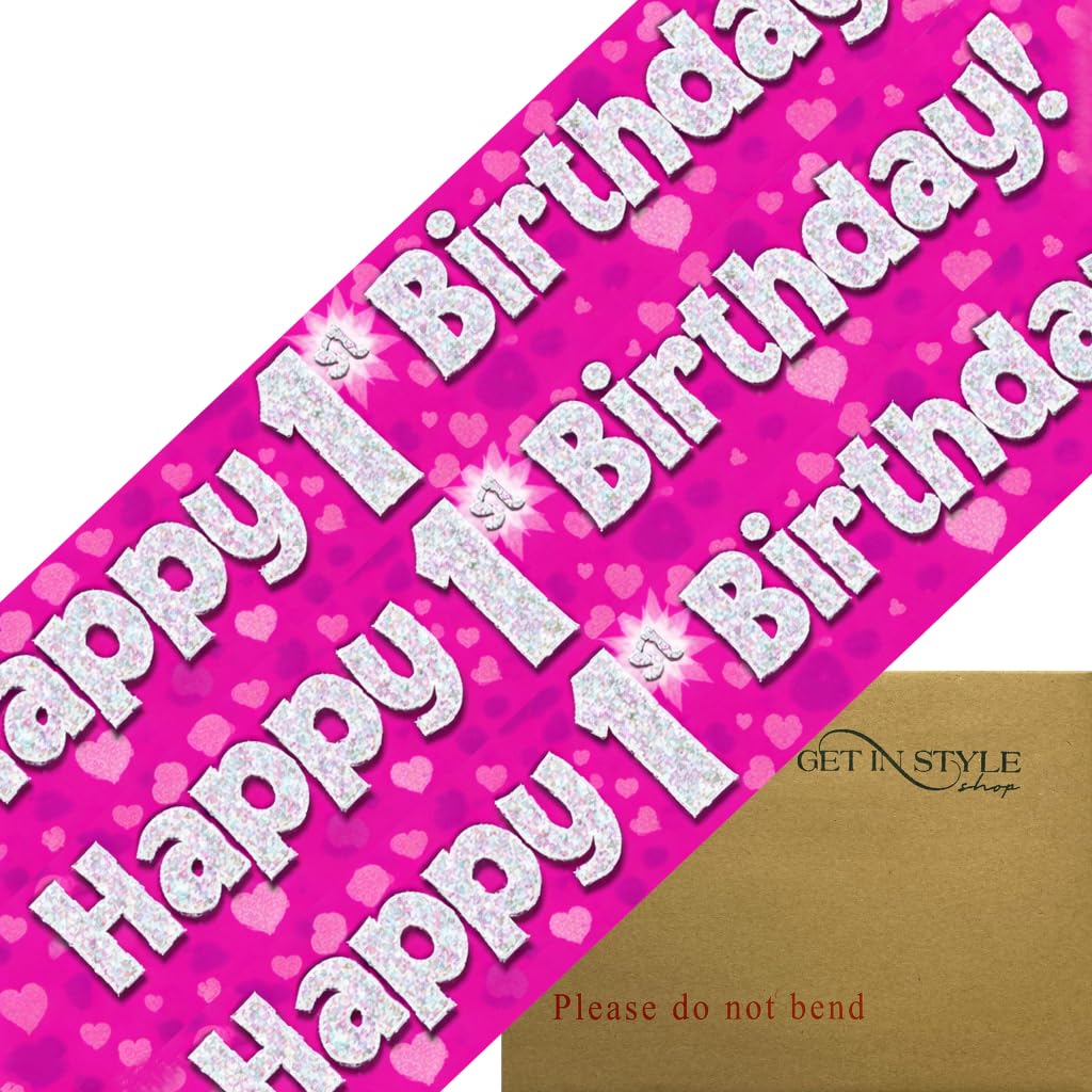 9ft Banner Happy 1st Birthday Pink Holographic Foil Pennant Age 1 (274cm)