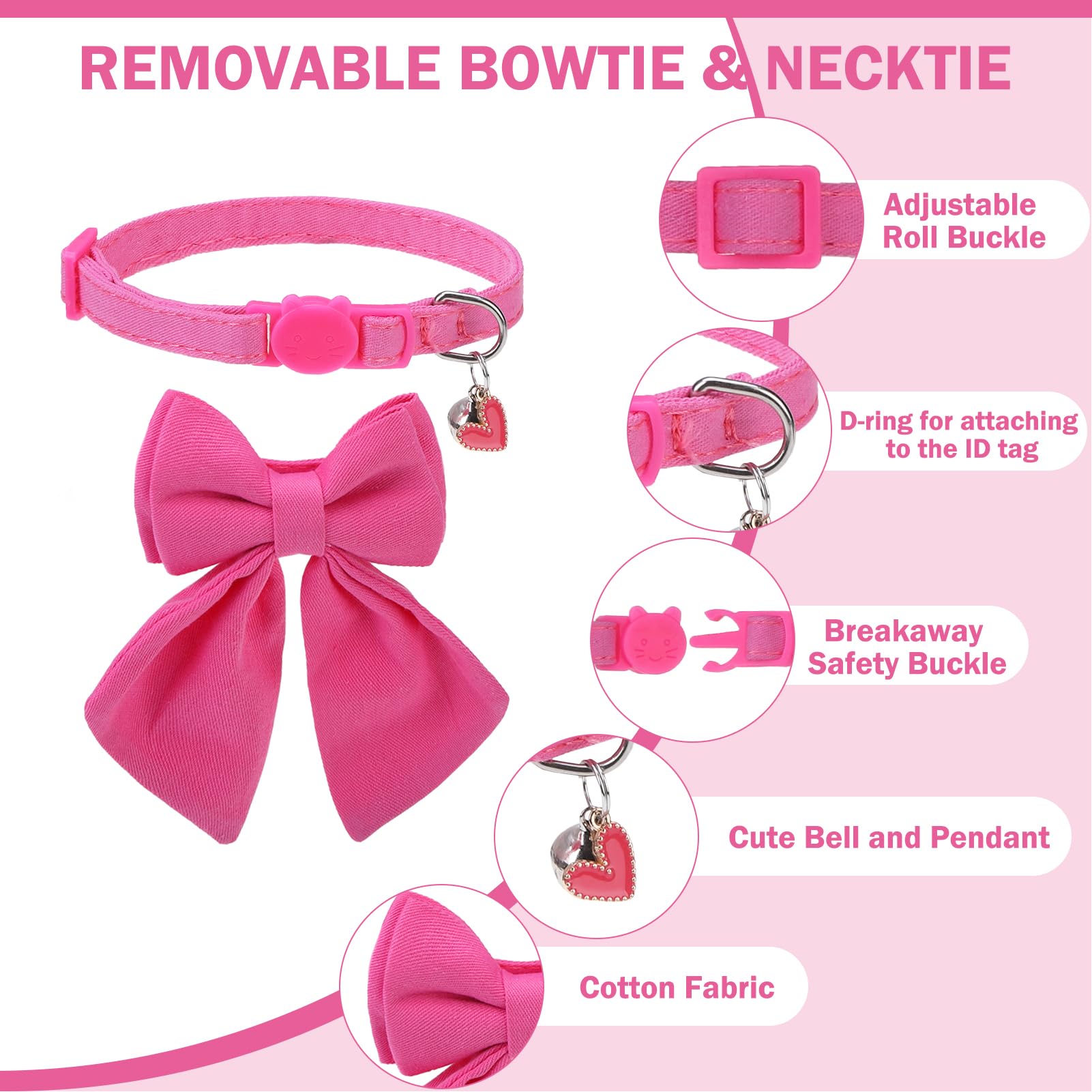 Collar de gato con campanas, collar de lazo rosa para gatos hembra, collar de gatos pequeños con lazo para primavera y verano, paquete de 2 collares suaves y bonitos con cuello de camisa