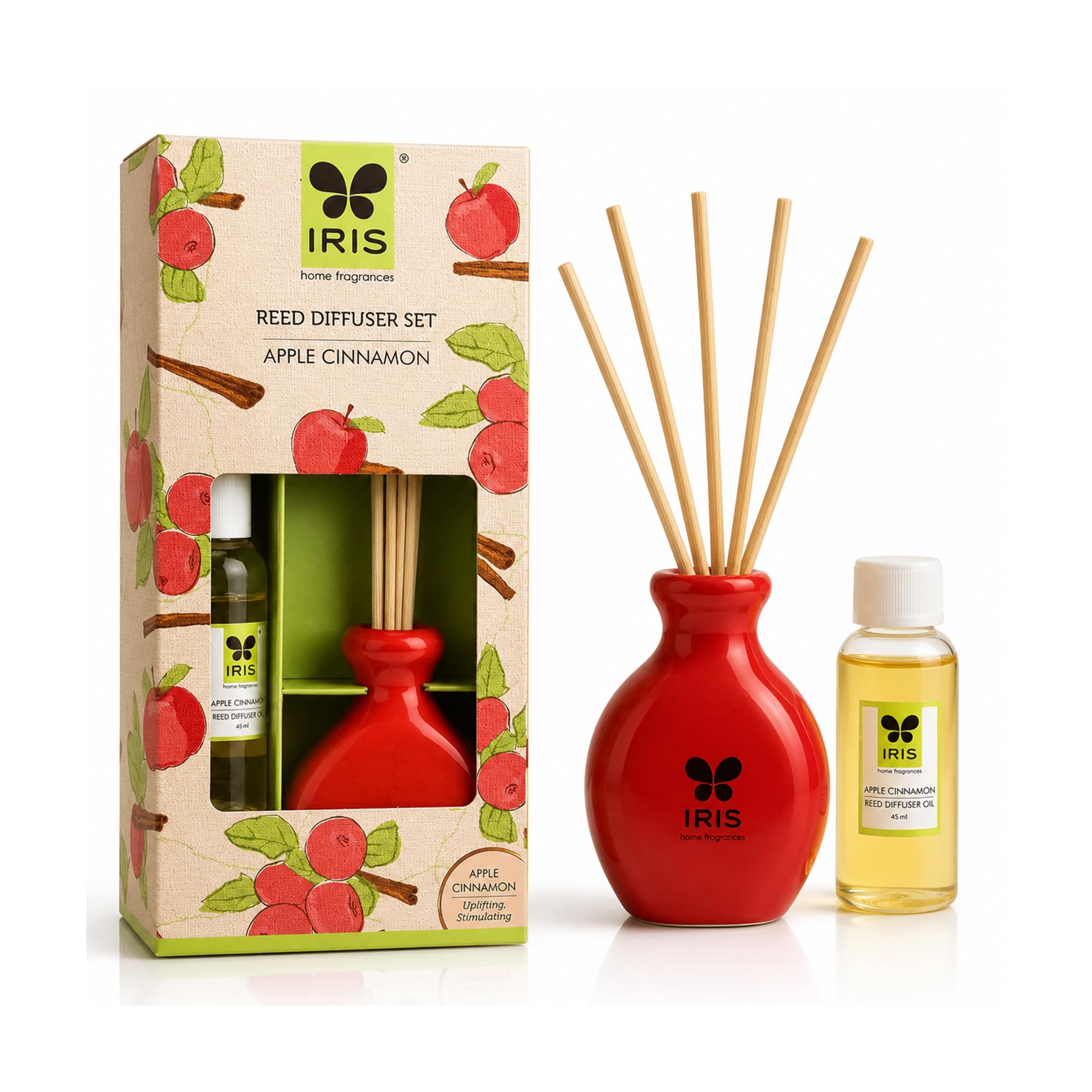IRIS Apple Cinnamon Reed Diffuser Set 45ml | Long Lasting Home Fragrance with 6 Reed Sticks | Air Freshener for Bedroom, Living Room & Office | Warm Spicy Aroma | Ideal for Gifting