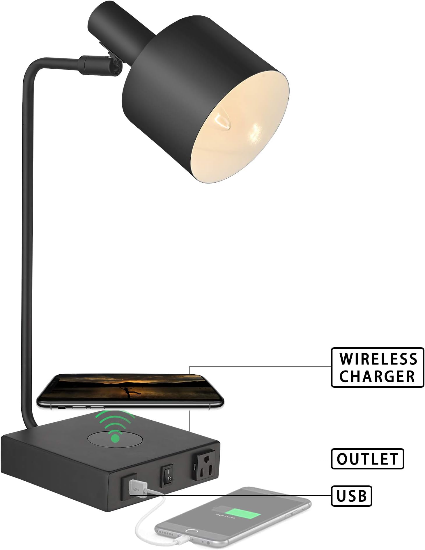 LMS Lamp with USB Port, Desk Lamp with USB Charging Port, Table Light with Wireless Charging Pad, Nightstand Lamps with USB Plug and Outlet, Matte Black Finished, E12 Bulb Included