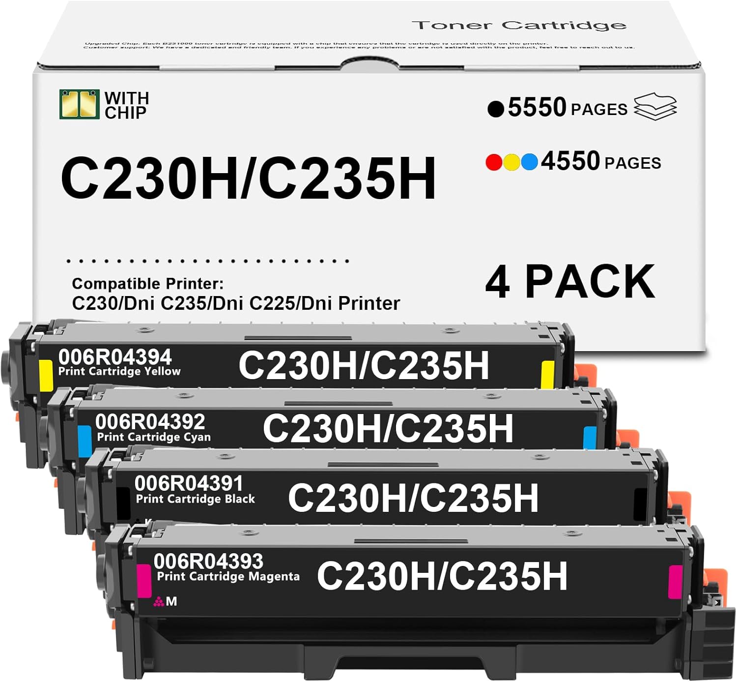 C230 C235 Toner Cartridge 4 Pack High Yield(with New Chip) Replacement for Xerox 006R04391 006R04392 006R04393 006R04394 for C230H C230DNI C235 C235DNI Printers
