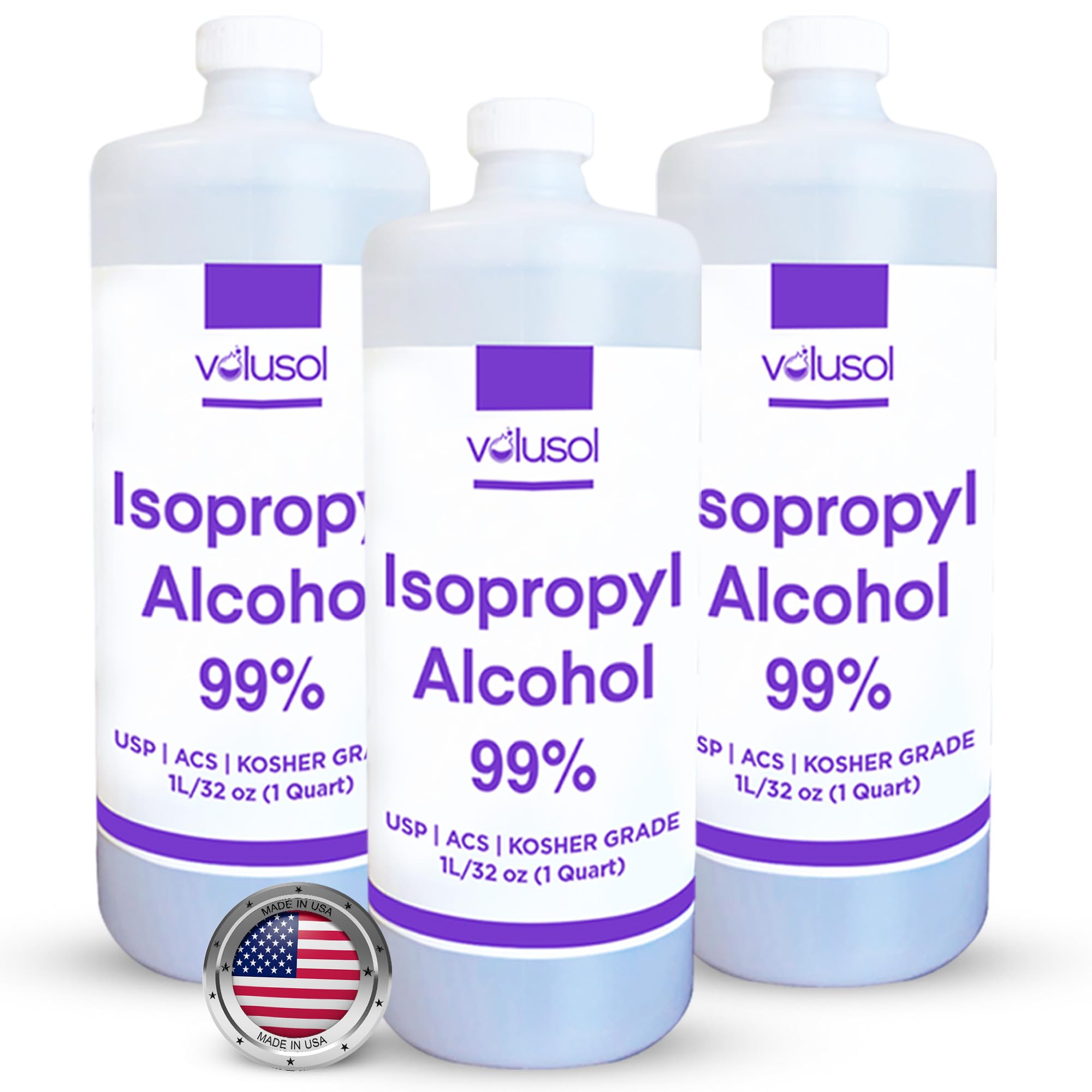 Volu-Sol Isopropyl Alcohol 99% (Isopropanol) - High Purity, USP | Kosher IPA for Lab Equipment, Electronics, & Medical Cleaning - Clear Bottle, 1L/ 32 oz. (3 Pack)