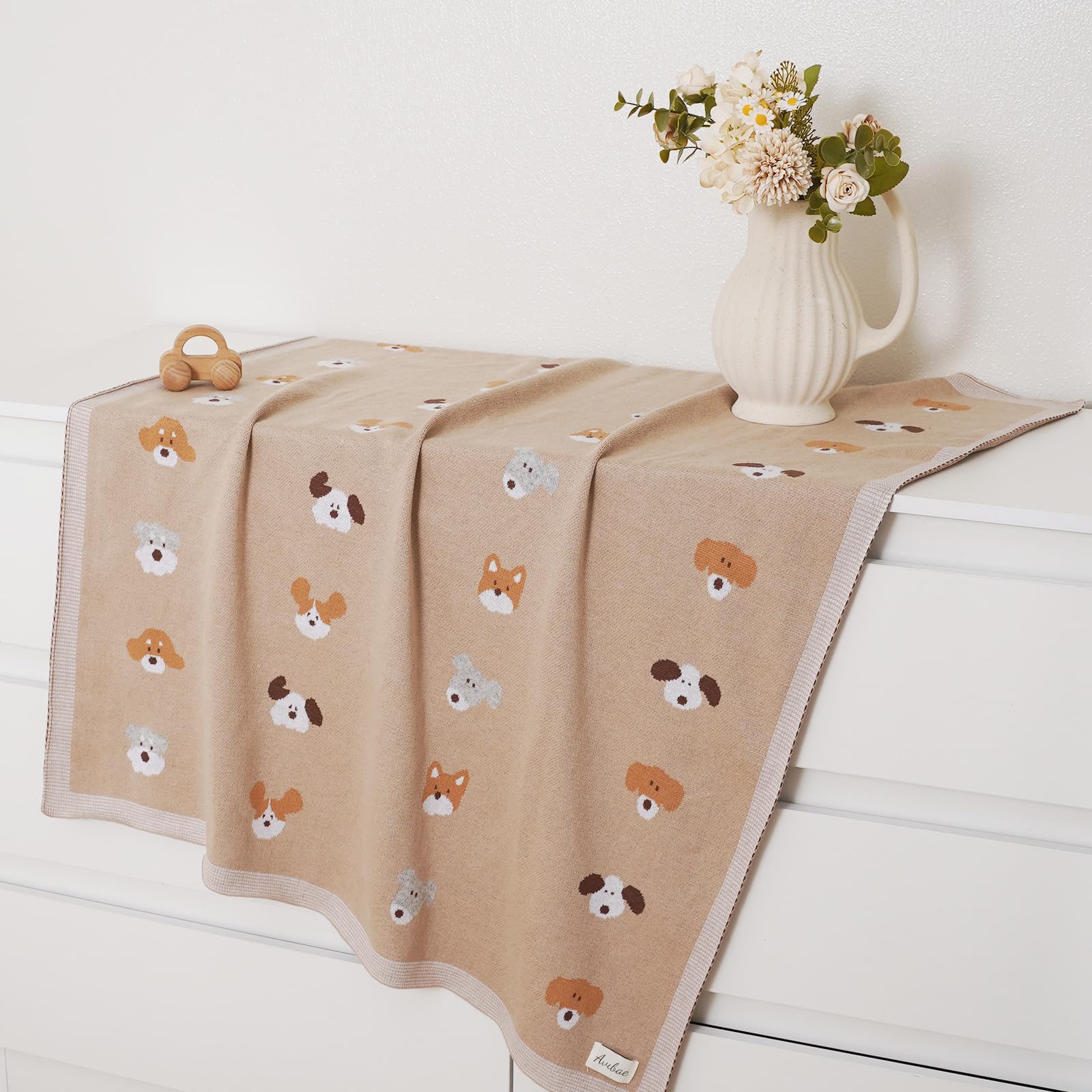 Avibae Cotton Baby Blanket for Newborns Soft Knitted Receiving Blanket for Pram and Cot with Cute Dog Pattern 100x80cm - Image 4
