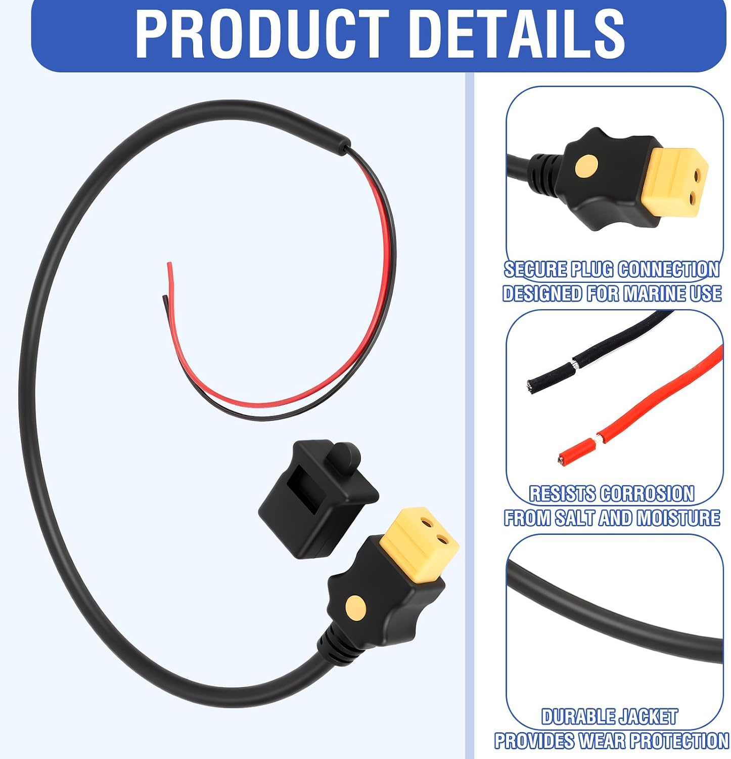 FairySandy 1903017 Downrigger Battery End Cable 3ft 14 Awg 12v 30 Amp Cord Waterproof Anti-Corrosion Connector Fits Electric Downriggers 2008+