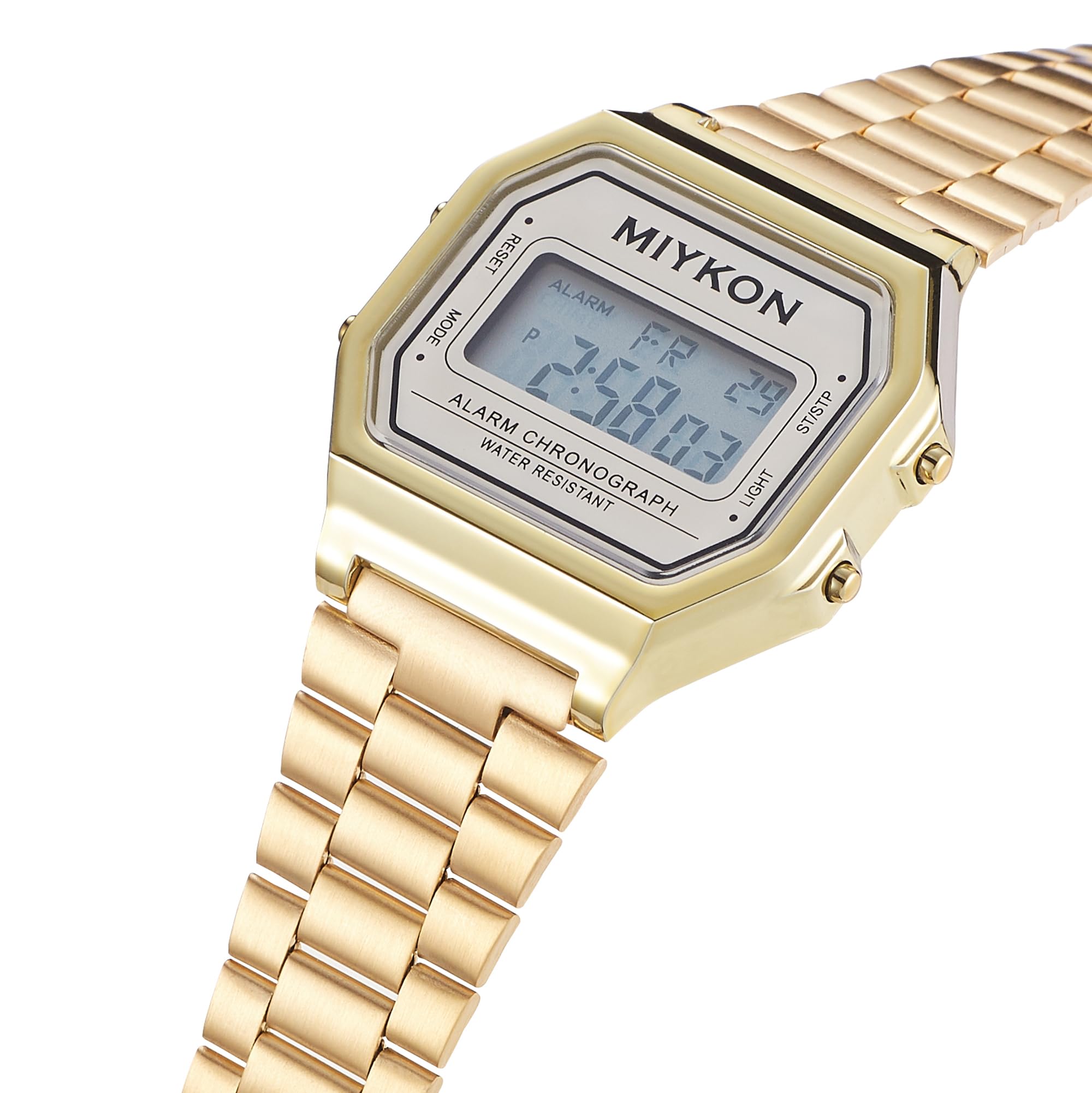 Miykon Vintage Watches for Men and Women | Small Square Retro Sports Digital Watch with Silver or Gold Stainless Steel Bracelet | Stopwatch, Alarm, Dual Time, 24hr Time, Light, 100ft Water Resistant (Gold Bracelet, Gold Dial, 33mm)