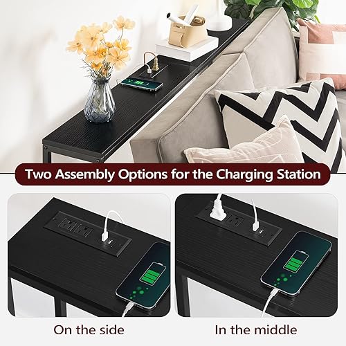 Miniatura 20 de Mesa consola con toma de corriente, mesa de sofá estrecha de 70.9 pulgadas, mesa de entrada industrial con puertos USB, mesa detrás del sofá para