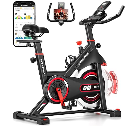 Exercise Bike, DMASUN Upgraded Magnetic Resistance Stationary Bike for Home with Pull Ropes, 350 LB Capacity, Workout Bike with Seat Cushion Cover, Digital Display and Tablet Holder - Black-red Upgraded Magnetic+app Compatible