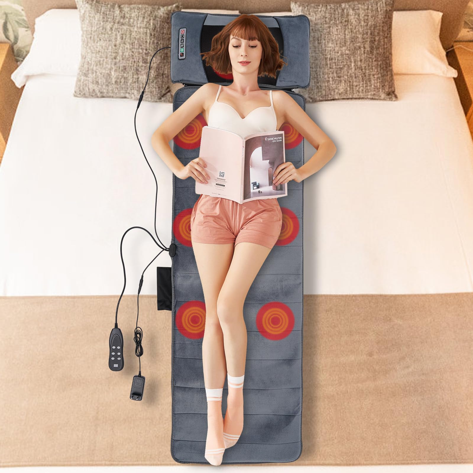 Esterilla de masaje eléctrica Shiatsu con función de calor, cojín de masaje para espalda y cuello, 9 modos, para silla, sofá y cama