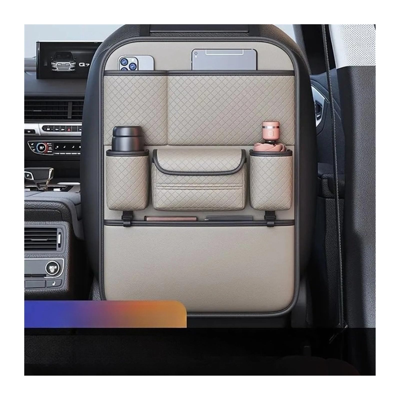 Organizer for sedile posteriore in similpelle di grande capacità, compatibile con auto universali | Borsa portaoggetti for auto multitasche con gancio, porta fazzoletti | Organizer for schienale