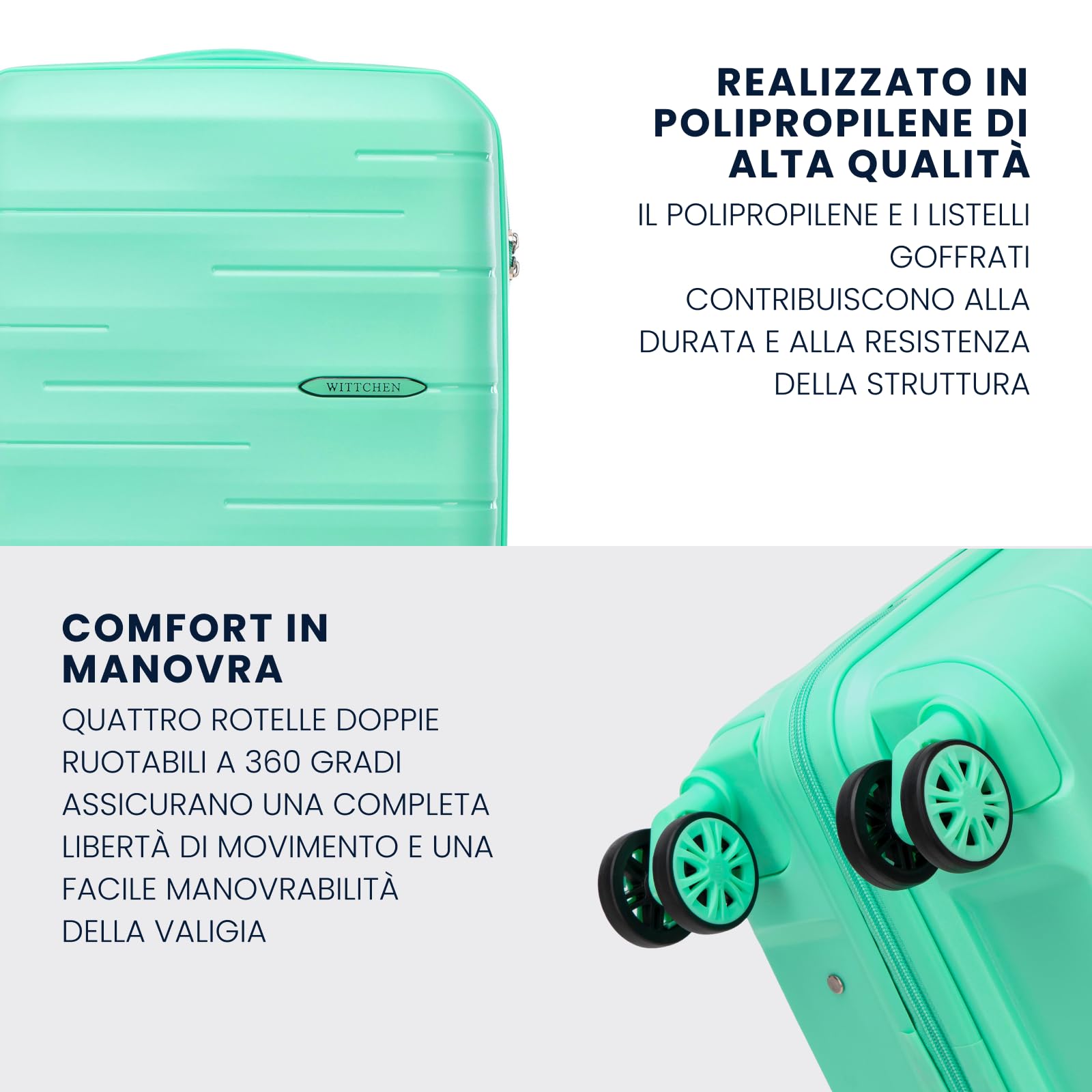 WITTCHEN ARCO Line | Trolley da cabina Bagaglio a mano Valigia piccola | Bagaglio leggero Polipropilene Lucchetto TSA Manico telescopico | 4 ruote piroettanti | Verde