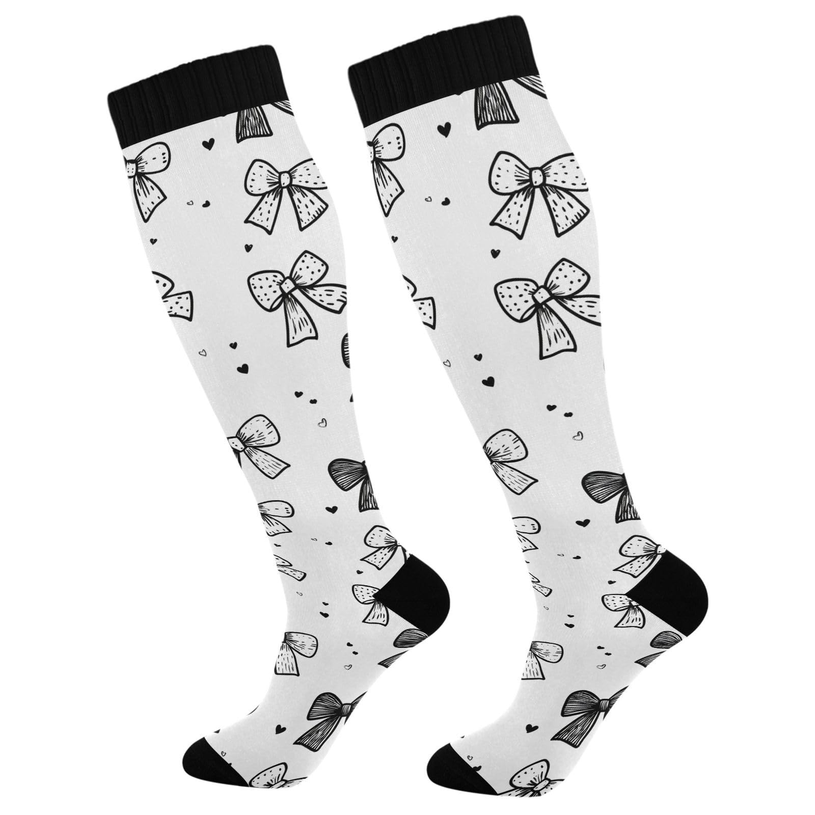Wassud White Bows Compression Socks for Women and Men 20-30 mmHg Knee High Socks for Nurses Travel 2 Pair
