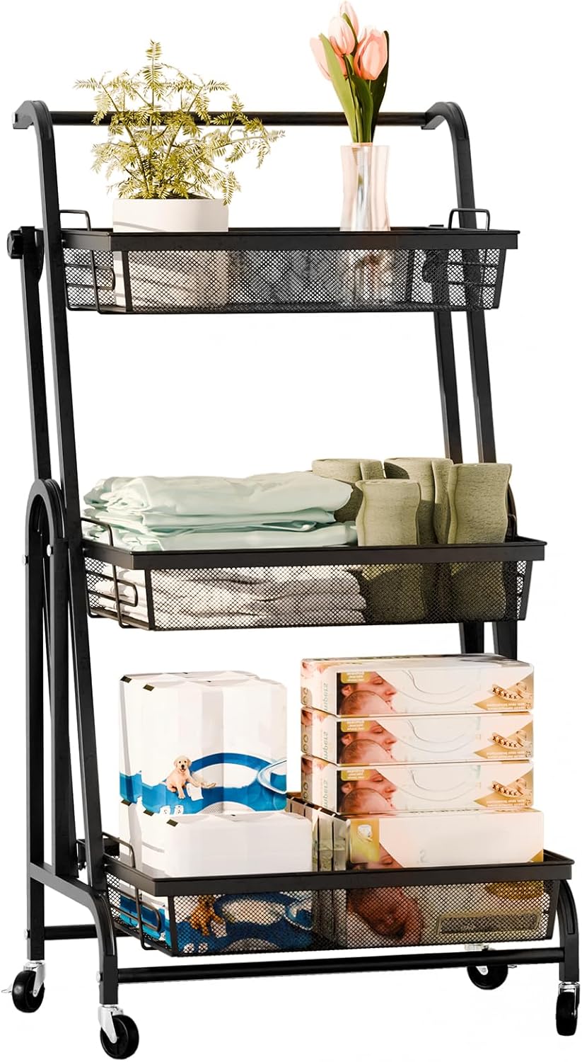 BARMI 3-Tier Storage Rack, Foldable Storage Shelves with Casters, Moving Freestanding Metal Storage Shelf with Detachable Mesh Basket, Fruits Vegetables Storage Basket Cart, 90-180 Degree Rotatable