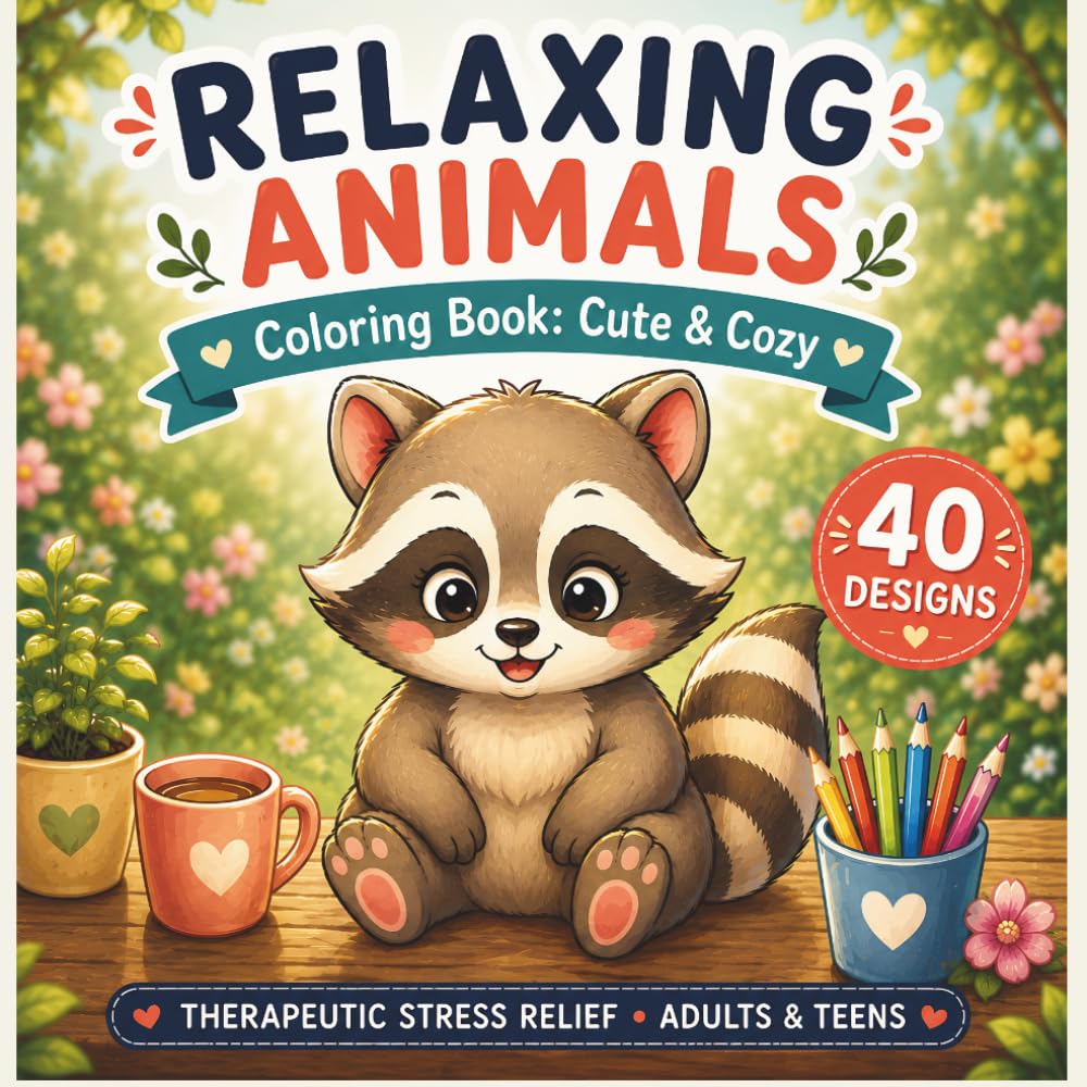 Relaxing Animals Coloring Book: Cute & Cozy: Adorable Animal Characters for Adults and Teens - Therapeutic Stress Relief and Mindful Relaxation
