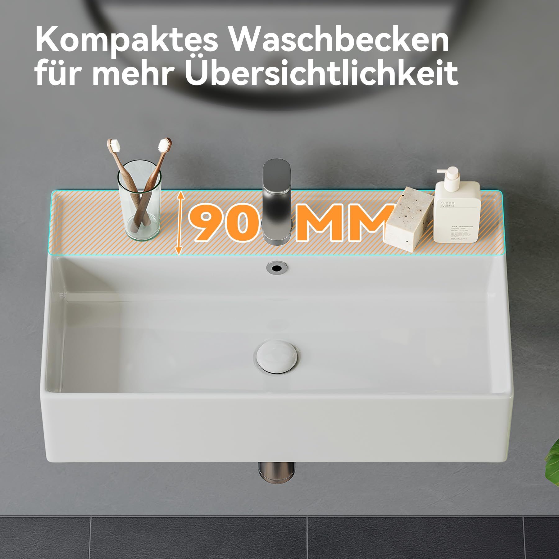 HOROW Lavabo con diseño de borde fino, rectangular, lavabo colgante o lavabo, con orificio para grifo, lavabo de pared para invitados, ideal para baño y lavandería