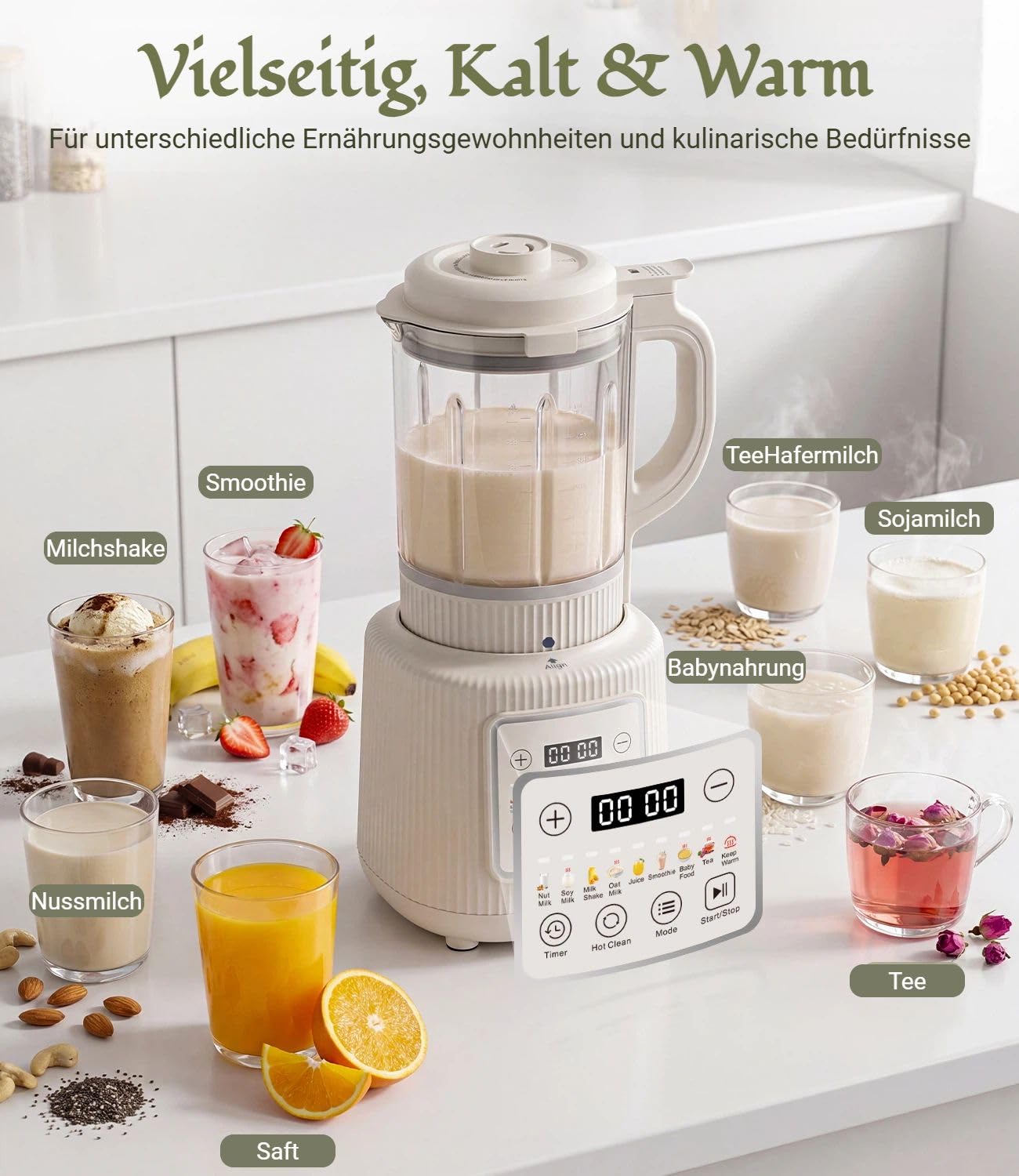 Nussmilch Maschine 11-in-1, 1,75L Automatisch Sojamilchbereiter, Für Selbstgemachte Pflanzenmilch, Hafer, Soja, Milchshake, 24H-Timer, 6H-Warmhaltefunktion, Automatische Reinigung