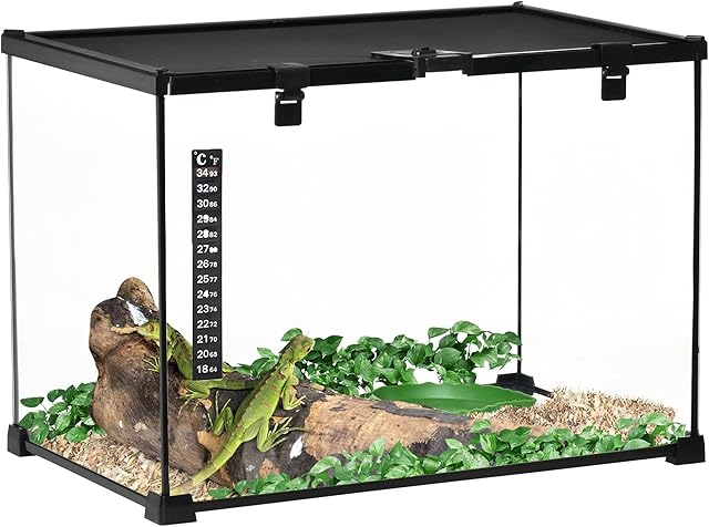 PawHut Glass Reptile Terrarium Insect Breeding Tank Vivarium Habitats with Thermometer for Lizards, Horned Frogs, Snakes, Spiders - Large 50 x 30 x 35cm