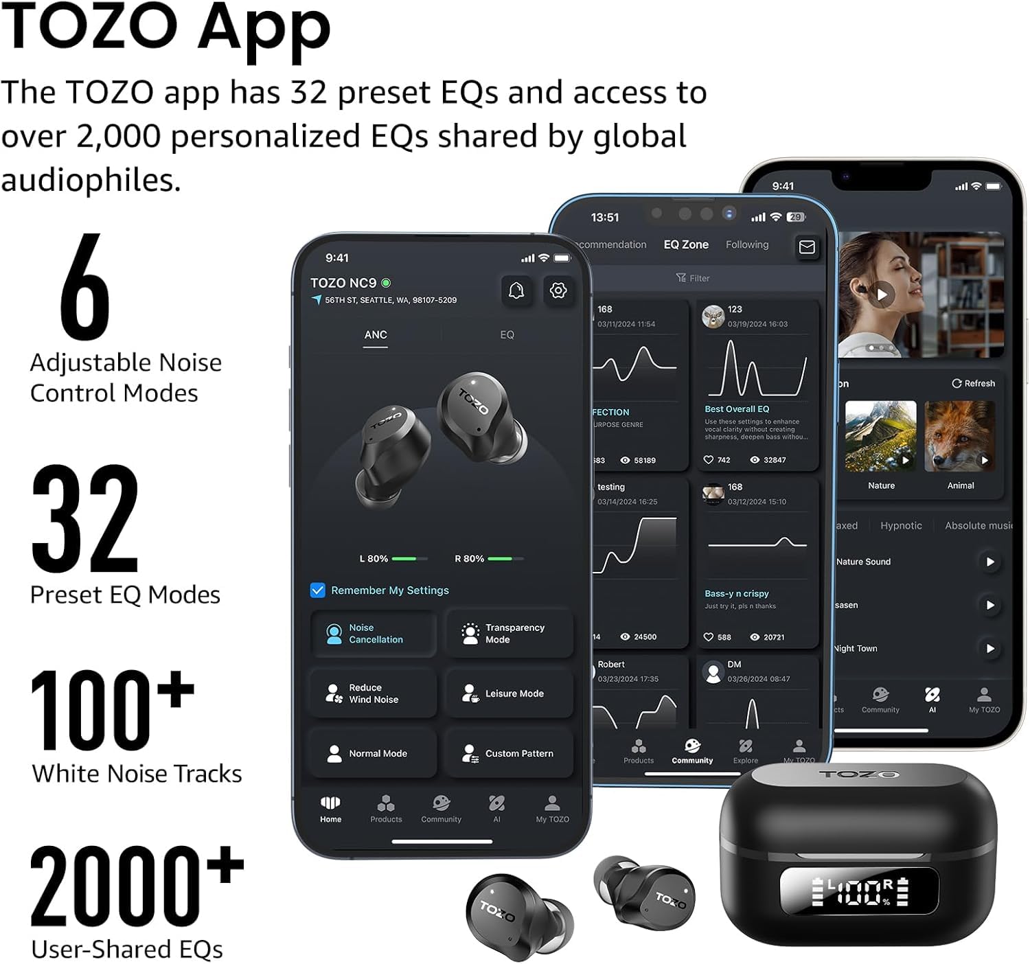TOZO NC9 Cuffie Bluetooth 5.3 con ANC Ibrido, 6 Mics ENC | Suono OrigX 2.0, 60 Ore Modalità Trasparente, IPX8, Ricarica USB-C, Comode e Facili da Usare per Lavoro, Gioco e Commuting