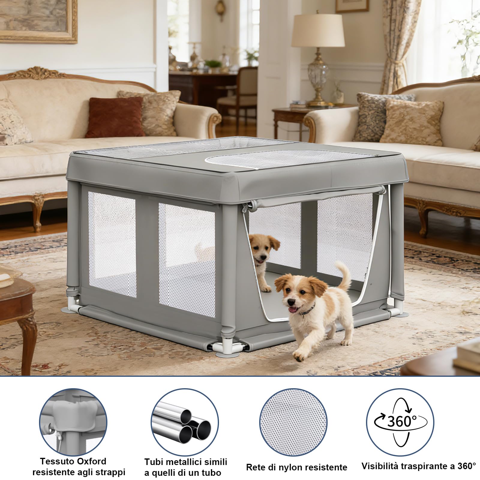 Parque para Cachorros con Puerta, Corral para Perros pequeños o Cachorros, Parque de Seguridad para Mascotas con Tela, Malla de Nailon y Tubos de Acero Inoxidable (Gris, 90x90x66cm, 6)