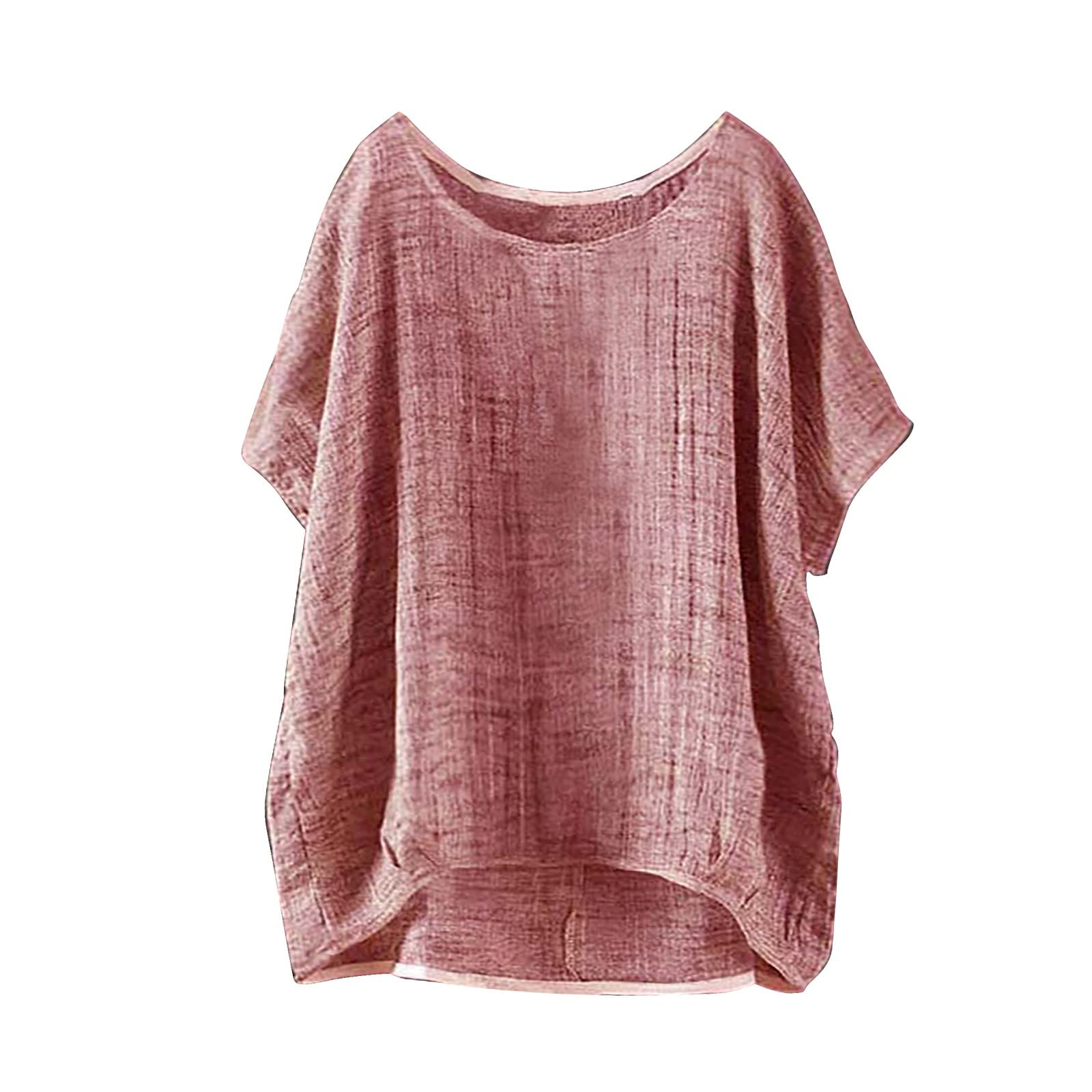 Generic Camisolas largas de talla grande para mujer, de verano, manga corta, lisa, casual, holgada, de lino, camiseta de algodón para mujer