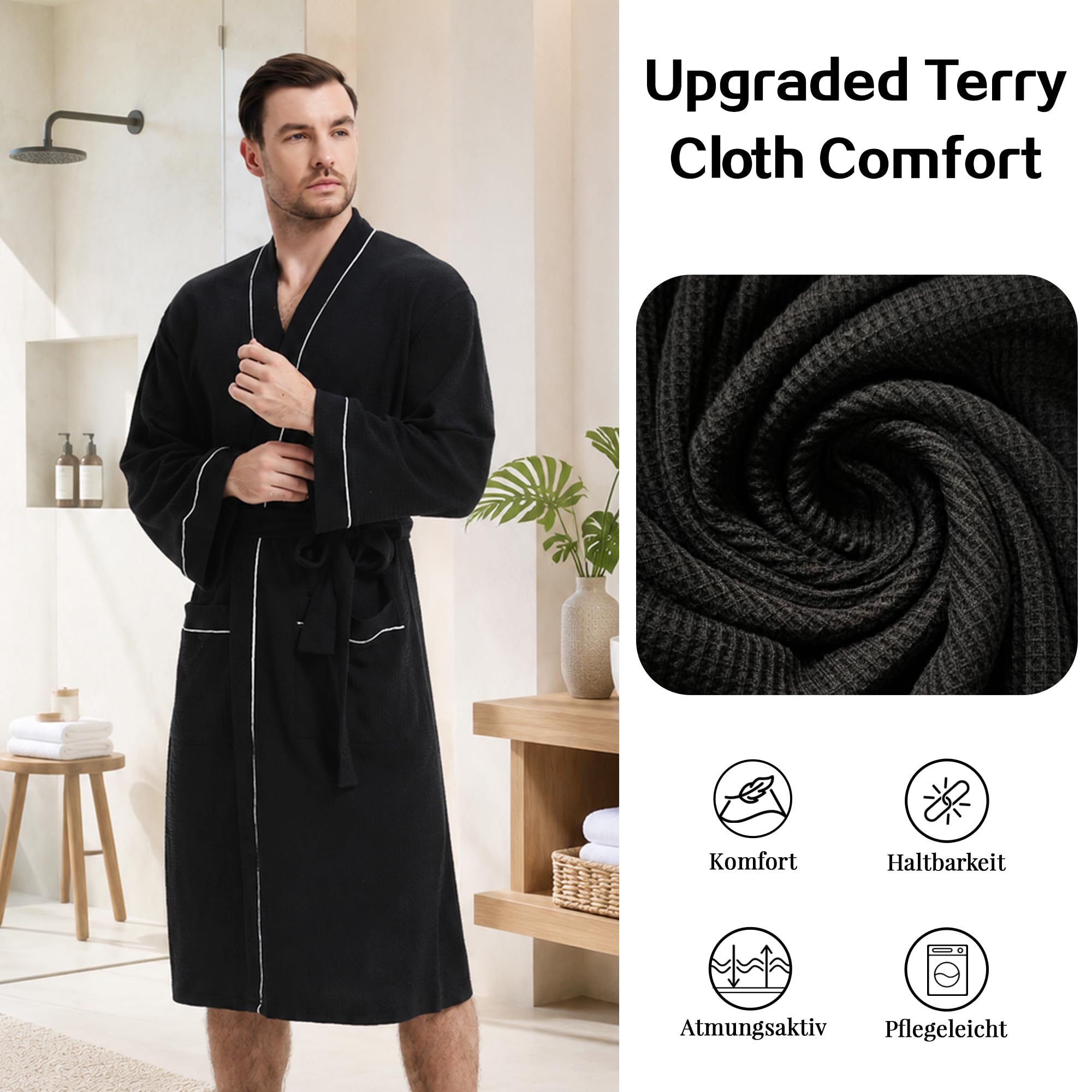 Mnemo Albornoz ligero para hombre Albornoz de algodón Kimono Waffle Bata Hombre