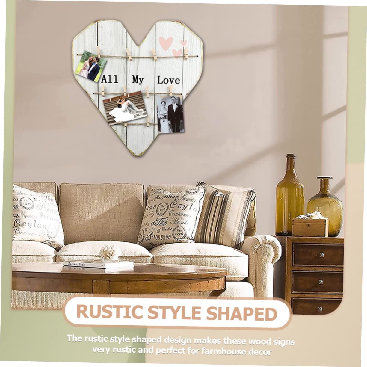 Portafoto a Parete a Cuore in Legno Beige Stile Rustico