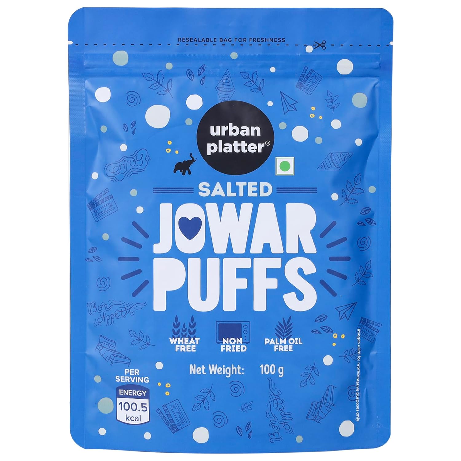 Urban Platter Salted Jowar Puffs (Puffed "popcorn" Sorghum) | Crispy, Non-Fried Jowar Snack | Gluten-Free & Wheat-Free | No Palm Oil | Rich in fibre & protein I low in calories and fat | Healthy snacking option for Tea-Time, Office, Travel & Anytime Snacking | 3.53 Oz (100g)