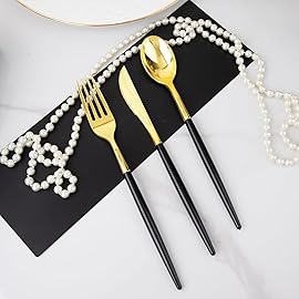 I00000 300Pcs Black Plastic Silverware, Happy New Year Gold Disposable Silverware, Black and Gold Plastic Utensils Include 100 Forks 100 Knives 100 Spoons,Disposable Cutlery for Wedding