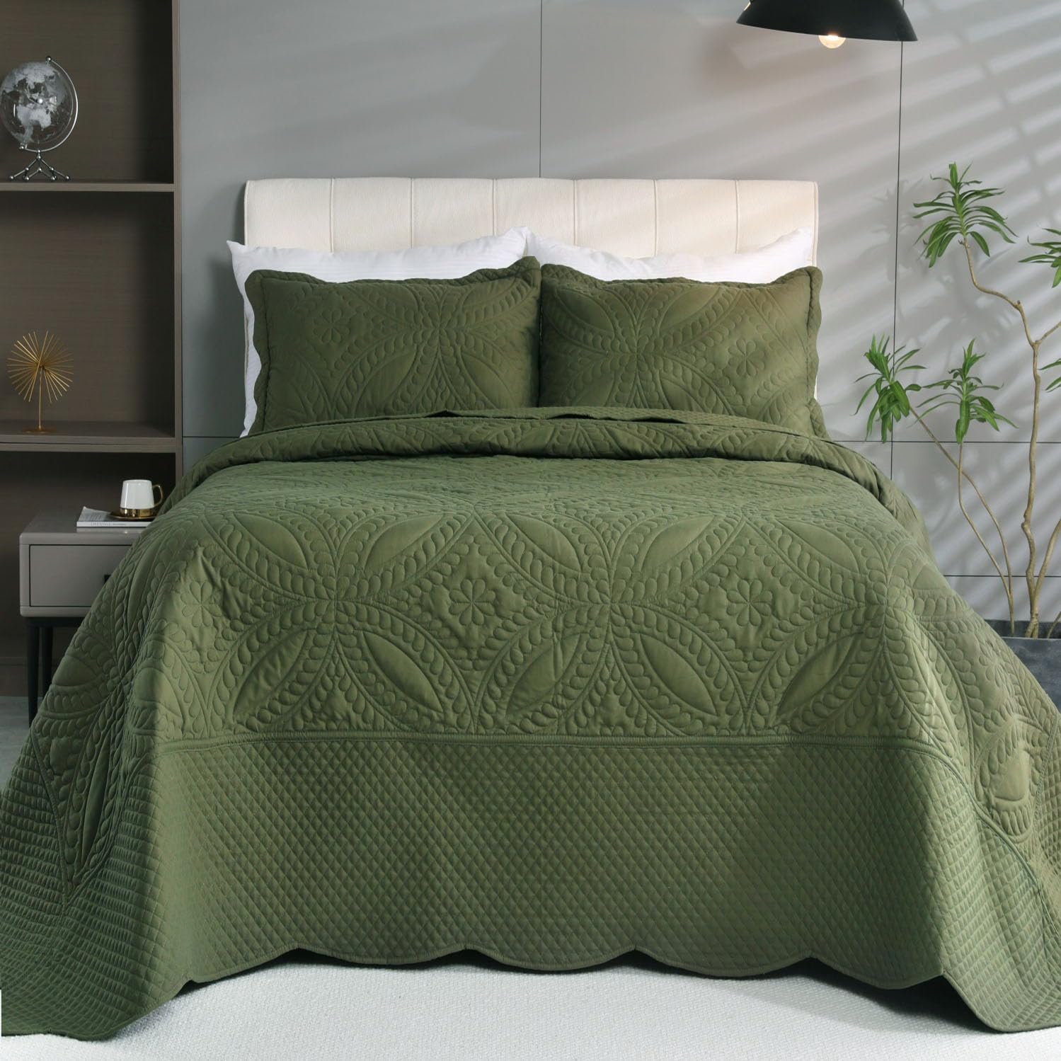 Cmfshape Oversize King Bedspread 120"x120",3 Piece California King Quilt Set,Lightweight Olive-Green Bedding Quilt Set for All Season,Modern Geometric Pattern Bed Set - Image 2