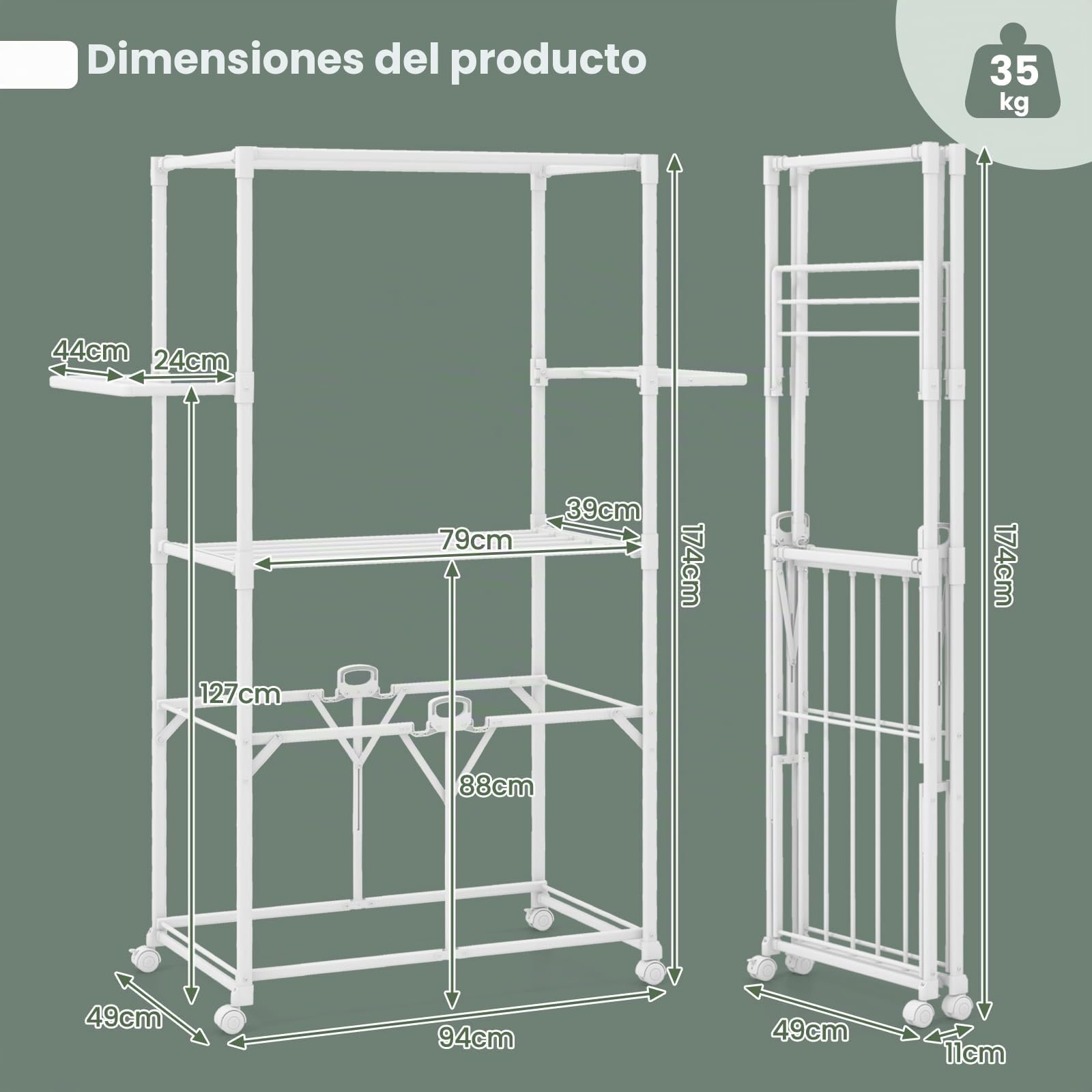 GIANTEX Tendedero Vertical Plegable con Ruedas, Barras para Colgar, 2 Alas Abatibles y Estante Extraíble, Tendedero Portátil para Interior y Exterior, 94 x 49 x 174 cm, Blanco