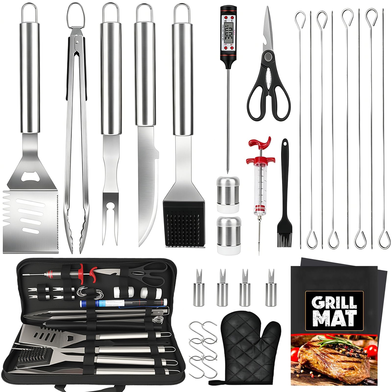 32Pcs Grill Utensils Set BBQ Accessories, Stainless Steel Grill Tools Kit, Men Grilling Gifts for Xmas Day, Portable Practical Grilling Accessories with Storage Bag for Outdoor Grill Camping Backyard — image 1