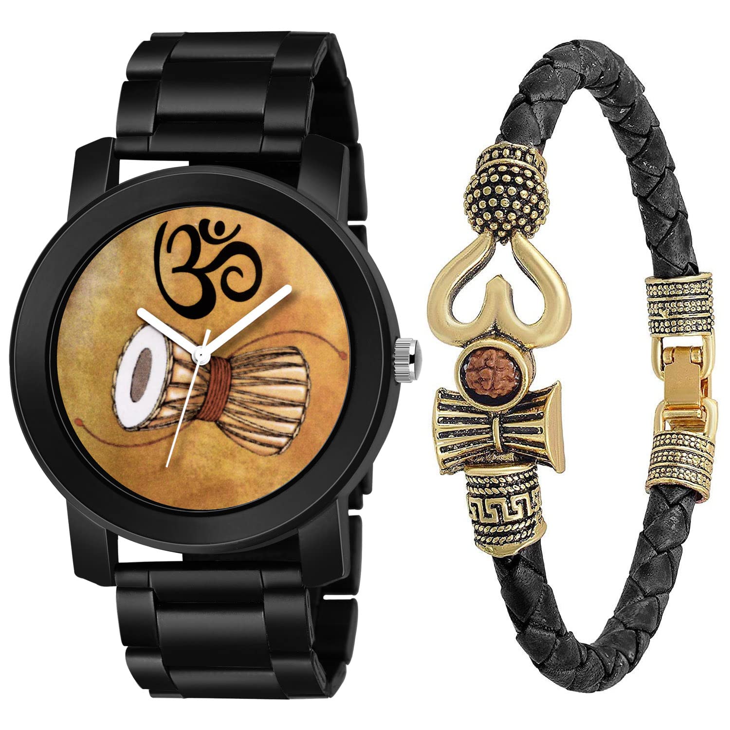SWADESI STUFF Damaru Watch with Bracelet Trishul Om Leather Combo Set Black Metal Analog Watch - for Men & Boys (B0B82PL6LS) Amazon Price History, Amazon Price Tracker