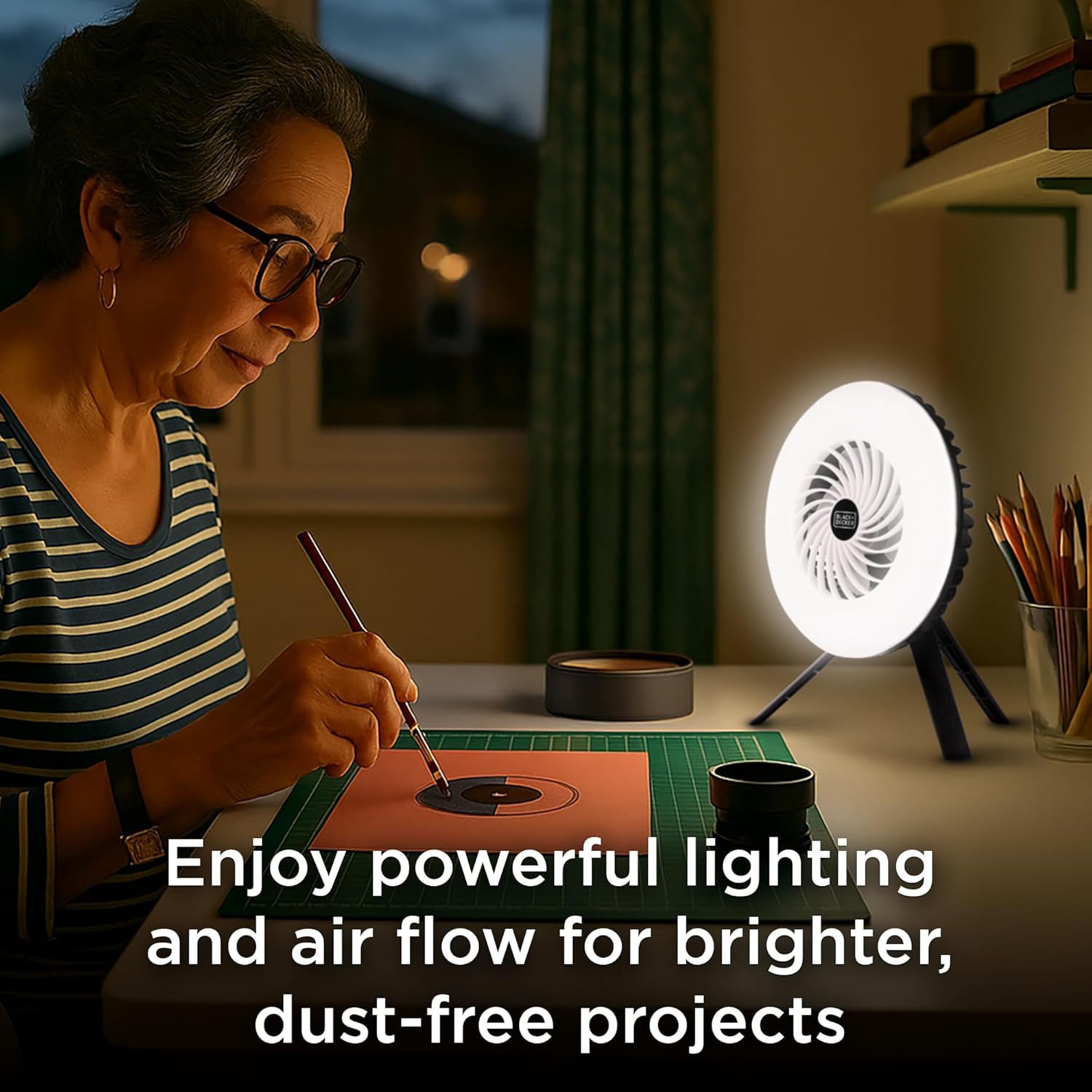 BLACK+DECKER 400LM Utility Fan Light, 3 Brightness Levels & Fan Speeds, USB Rechargeable, Power Bank, Magnetic with Kickstand & Hanging Hook, IP20 Weather-Resistant, Ideal for DIY, Camping, Automotive