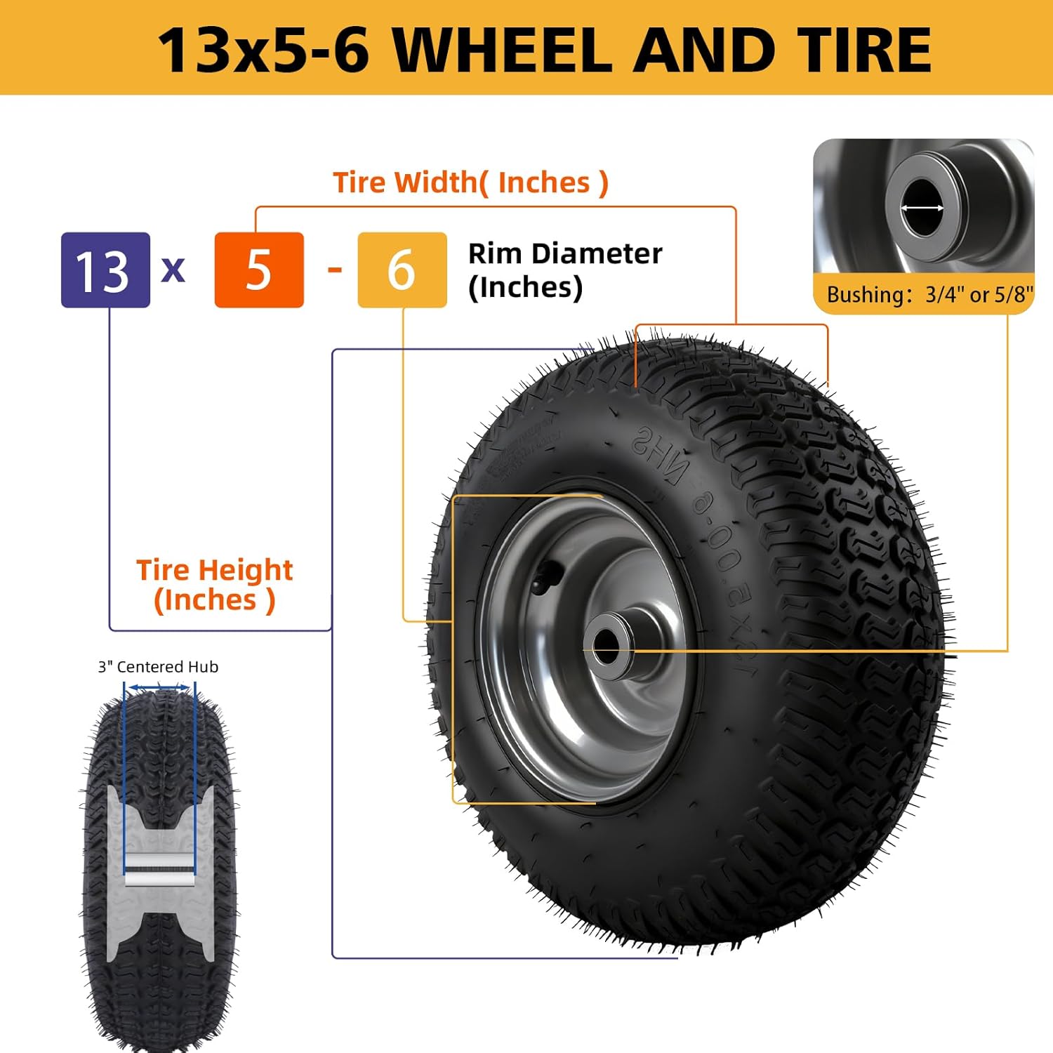 (2 Pack)13x5-6 Tubeless Riding Mower Tire and Wheel,Tubeless,3/4" and 5/8" Bushings, 3-5" Centered Hub,Compatible with Riding Mowers and Garden Tractors