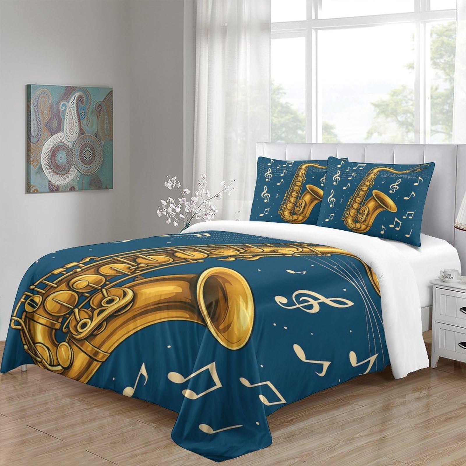 Set Copripiumino Musica Sassofono Stampa 3D Moderna Microfibra Camera Letto Decorazione Morbida Jazz per Adulti Giovani Super king（260x220cm）