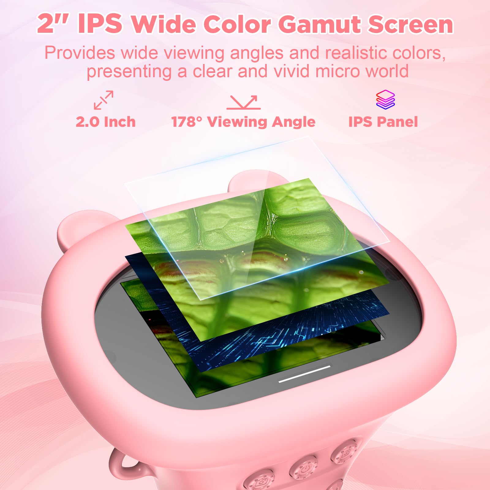 MAXLAPTER Microscopio Digitale Portatile per Bambini: 1000X Microscopio Tascabile con Schermo IPS da 2" e 8 Luci a LED Regolabili - Regalo di Compleanno per Ragazzi e Ragazze dai 3-12 Anni, Rosa