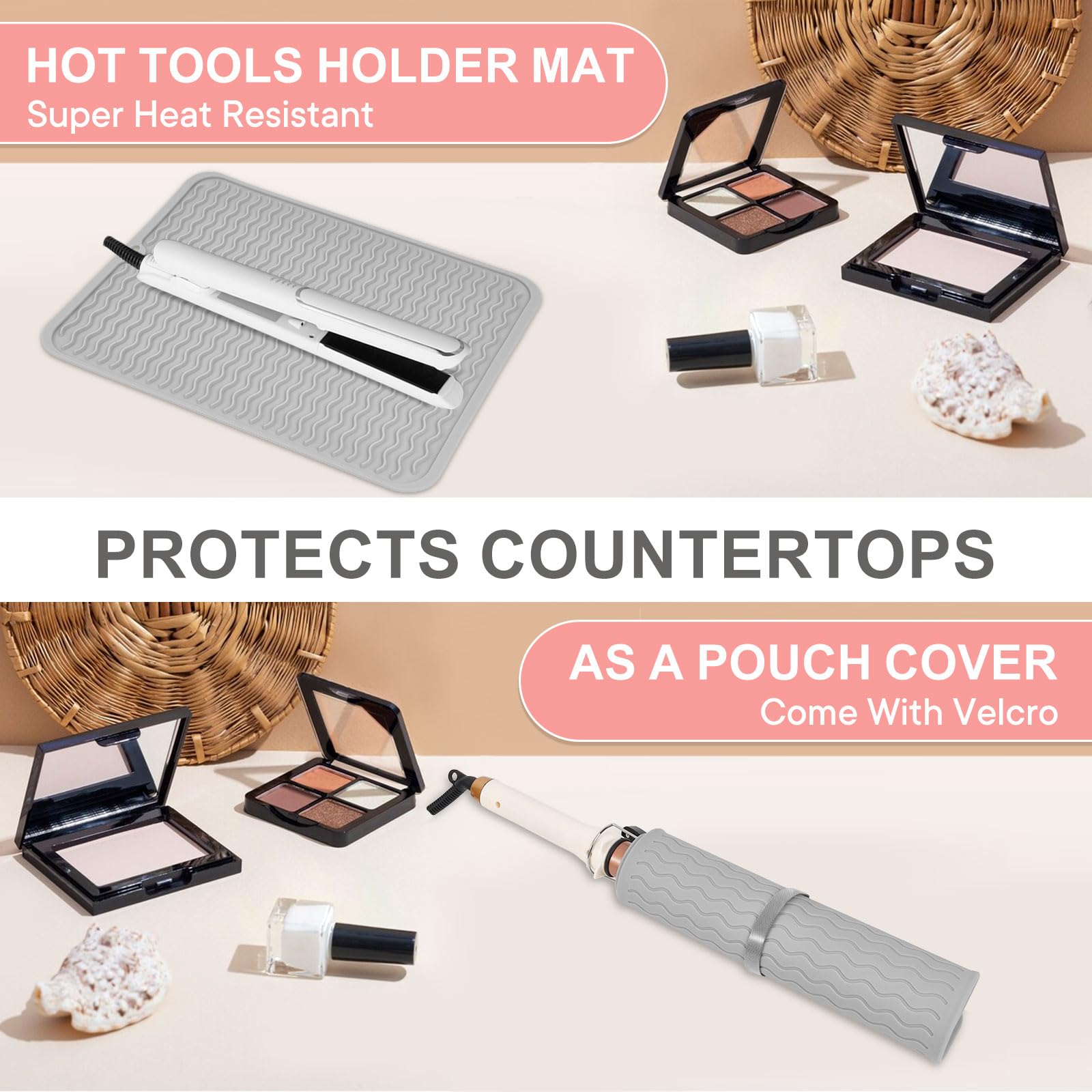 Oversize silikonowa mata odporna na wysokie temperatury do narzędzi do włosów (36 cm x 28 cm), podkładka zapobiegająca oparzeniom i przenośna osłona z rzepem do lokówki, prostownicy do włosów,